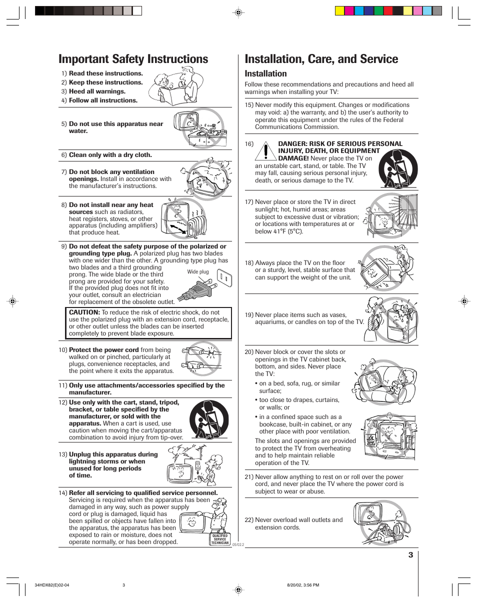 Installation, care, and service, Important safety instructions, Installation | Toshiba 34HDX82 User Manual | Page 3 / 60