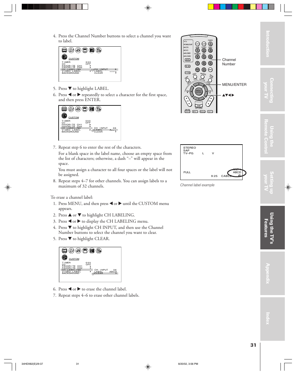 Channel label example, Channel number menu/enter yzx | Toshiba 34HDX82 User Manual | Page 31 / 60