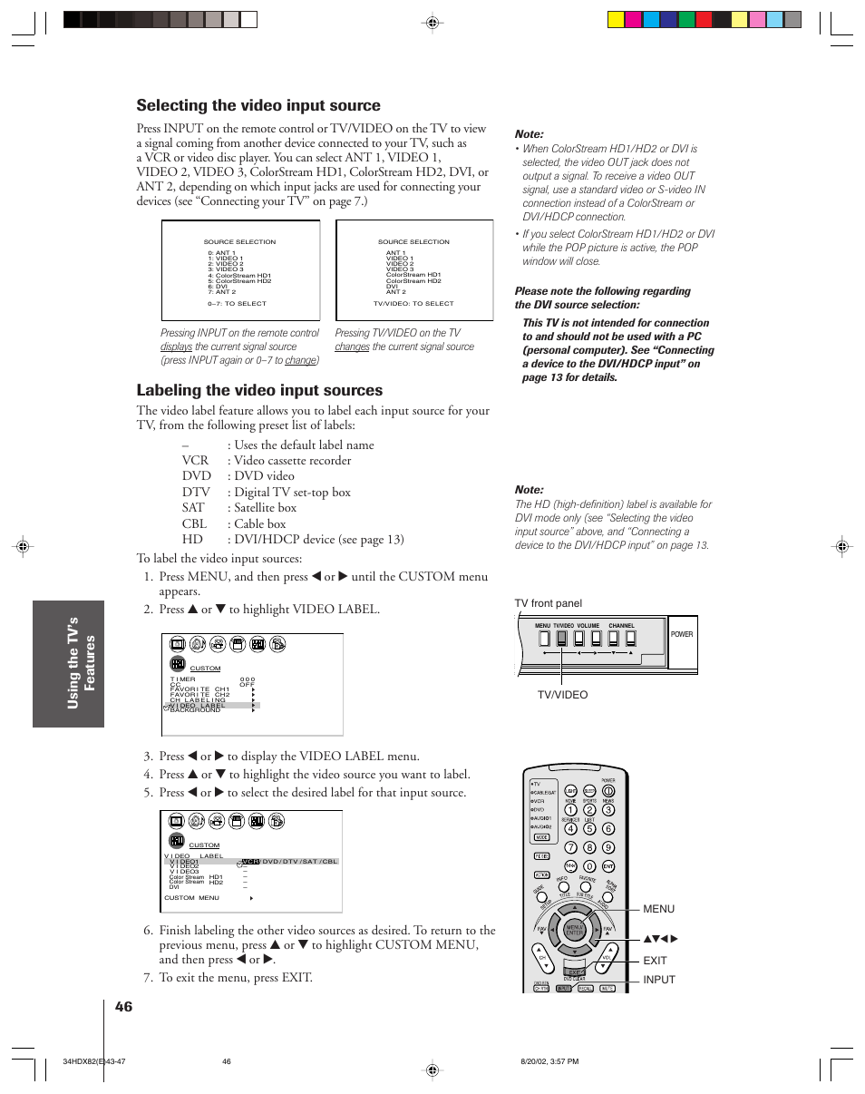 Selecting, labeling the video input sources, Selecting the video input source, Labeling the video input sources | Tv/video menu yzx • exit input, Tv front panel | Toshiba 34HDX82 User Manual | Page 46 / 60