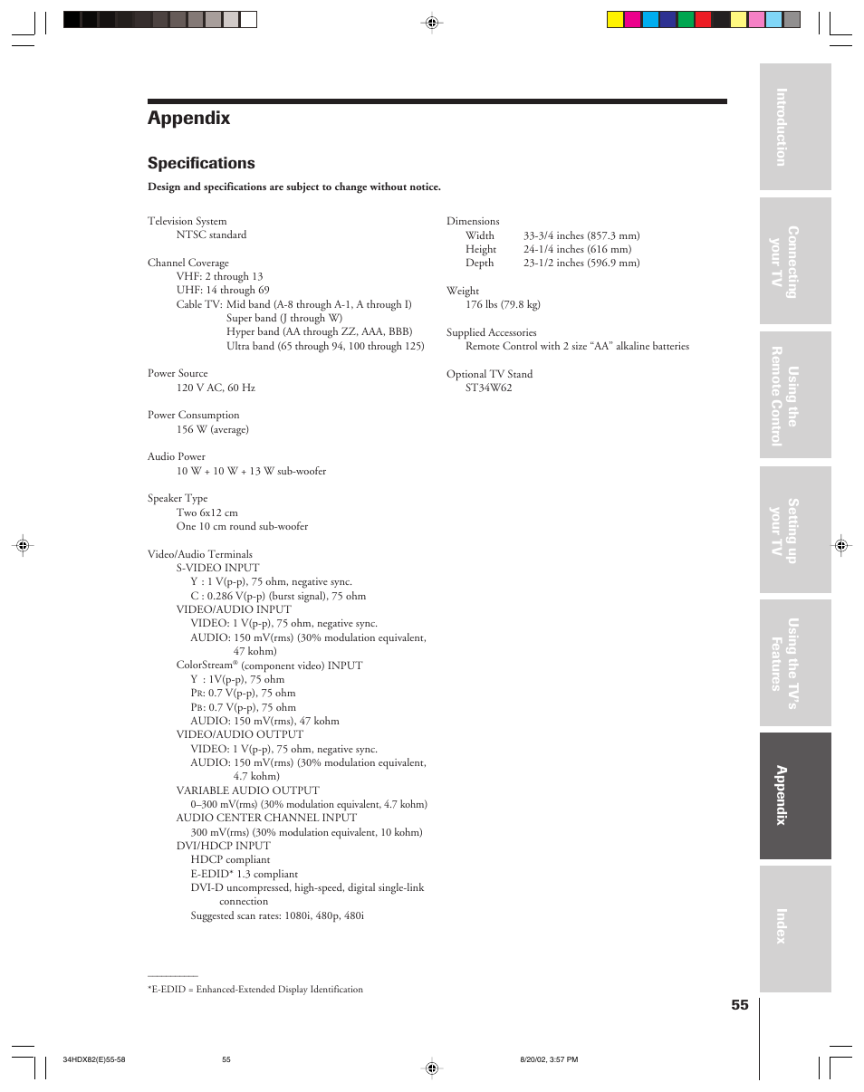 Appendix, Specifications | Toshiba 34HDX82 User Manual | Page 55 / 60