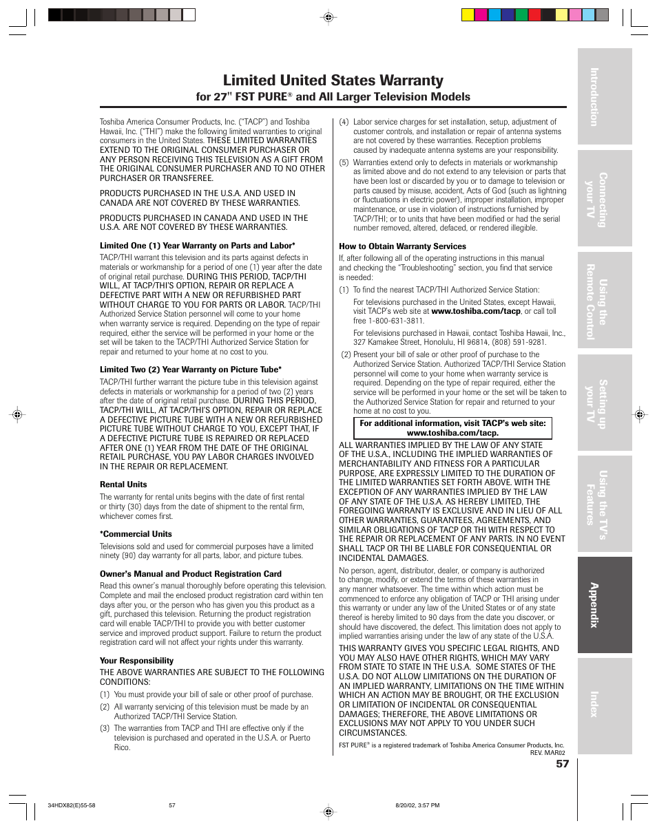 Limited warranty - united states, Limited united states warranty | Toshiba 34HDX82 User Manual | Page 57 / 60