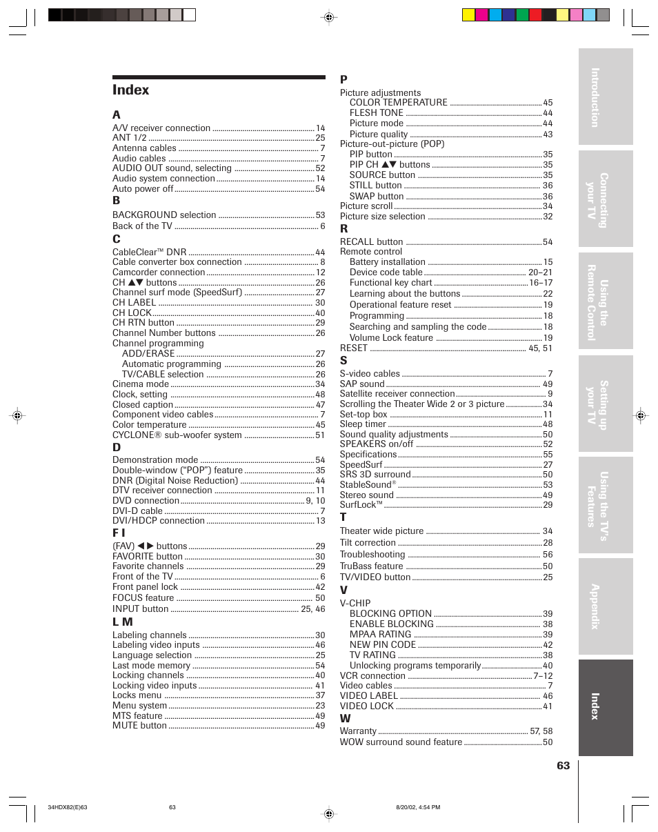 Index | Toshiba 34HDX82 User Manual | Page 59 / 60