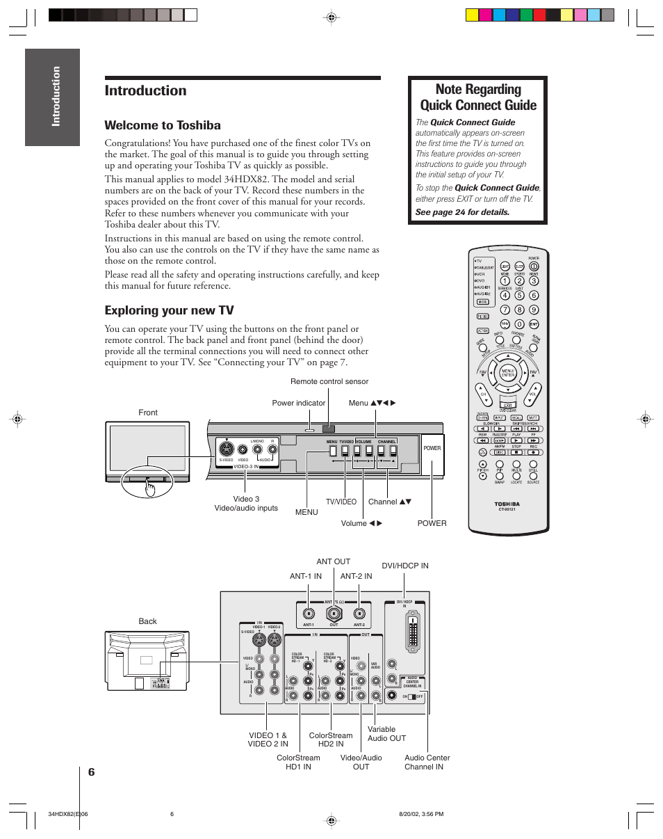 Introduction, Welcome to toshiba, Exploring your new tv | Toshiba 34HDX82 User Manual | Page 6 / 60