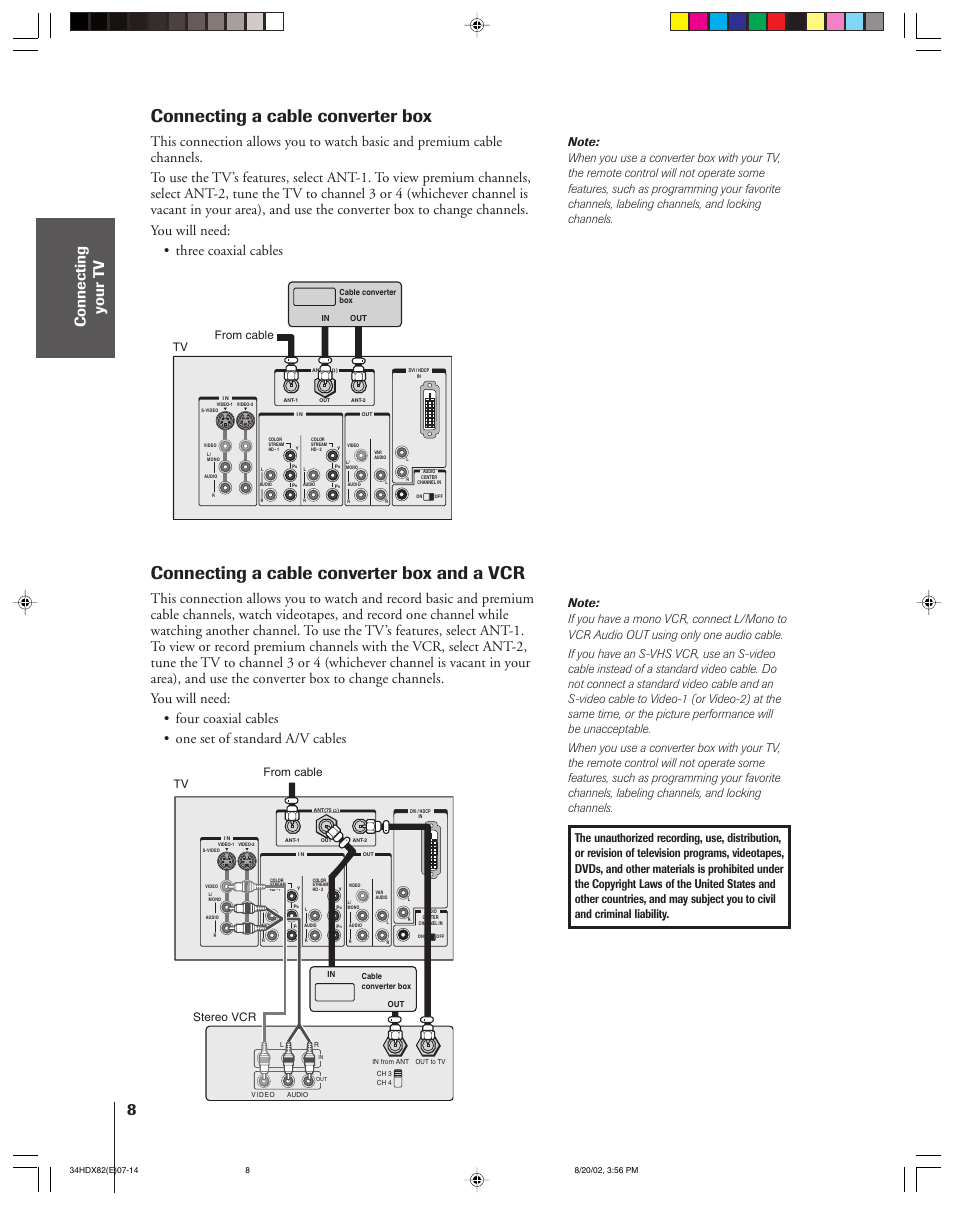 Cable converter box / vcr, Connecting a cable converter box, Connecting a cable converter box and a vcr | Tv from cable tv from cable stereo vcr | Toshiba 34HDX82 User Manual | Page 8 / 60