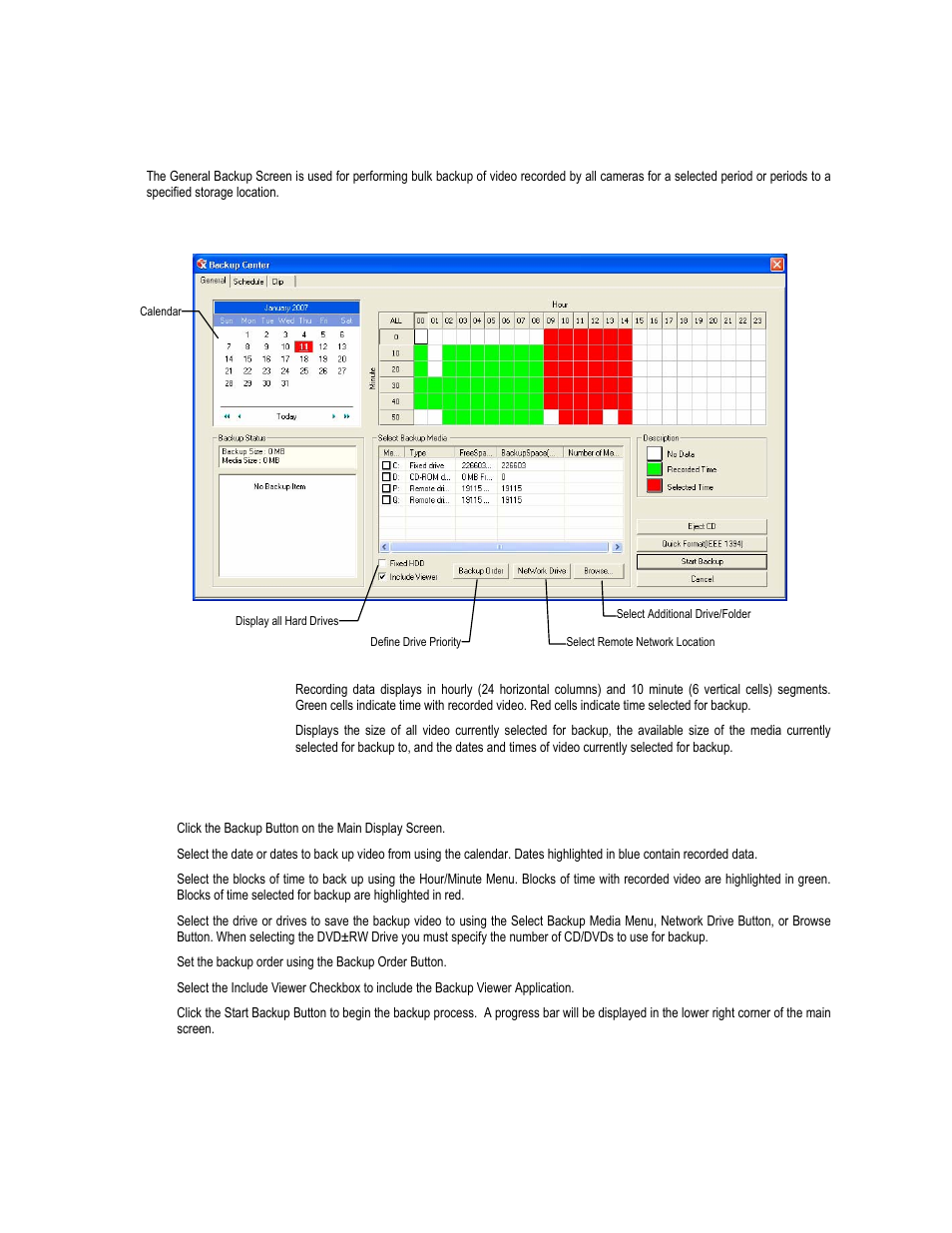 General backup screen, Performing a general backup | Toshiba XVR16-60-X User Manual | Page 101 / 131