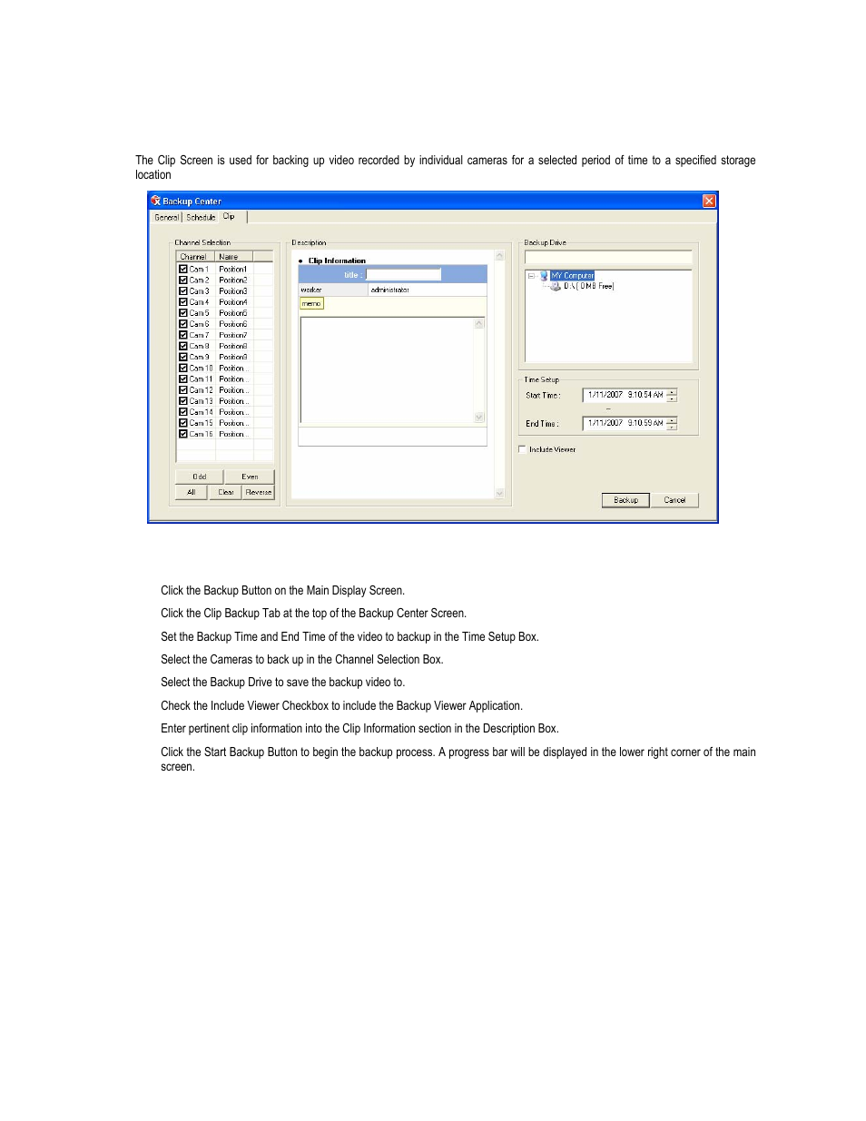 Clip backup screen, Performing a clip backup | Toshiba XVR16-60-X User Manual | Page 102 / 131