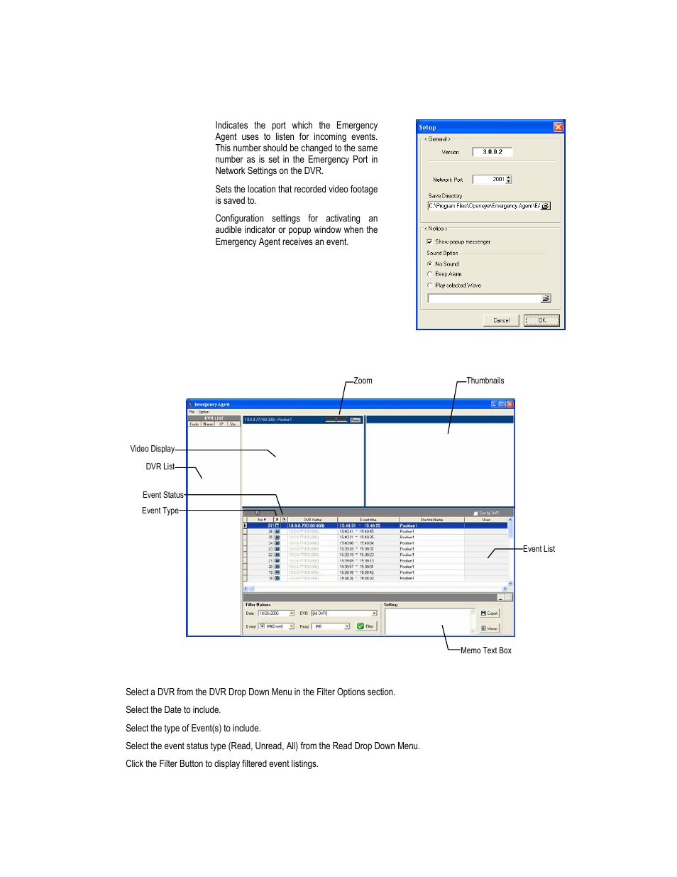 Setup window, Emergency agent window, Filter event list | Toshiba XVR16-60-X User Manual | Page 119 / 131