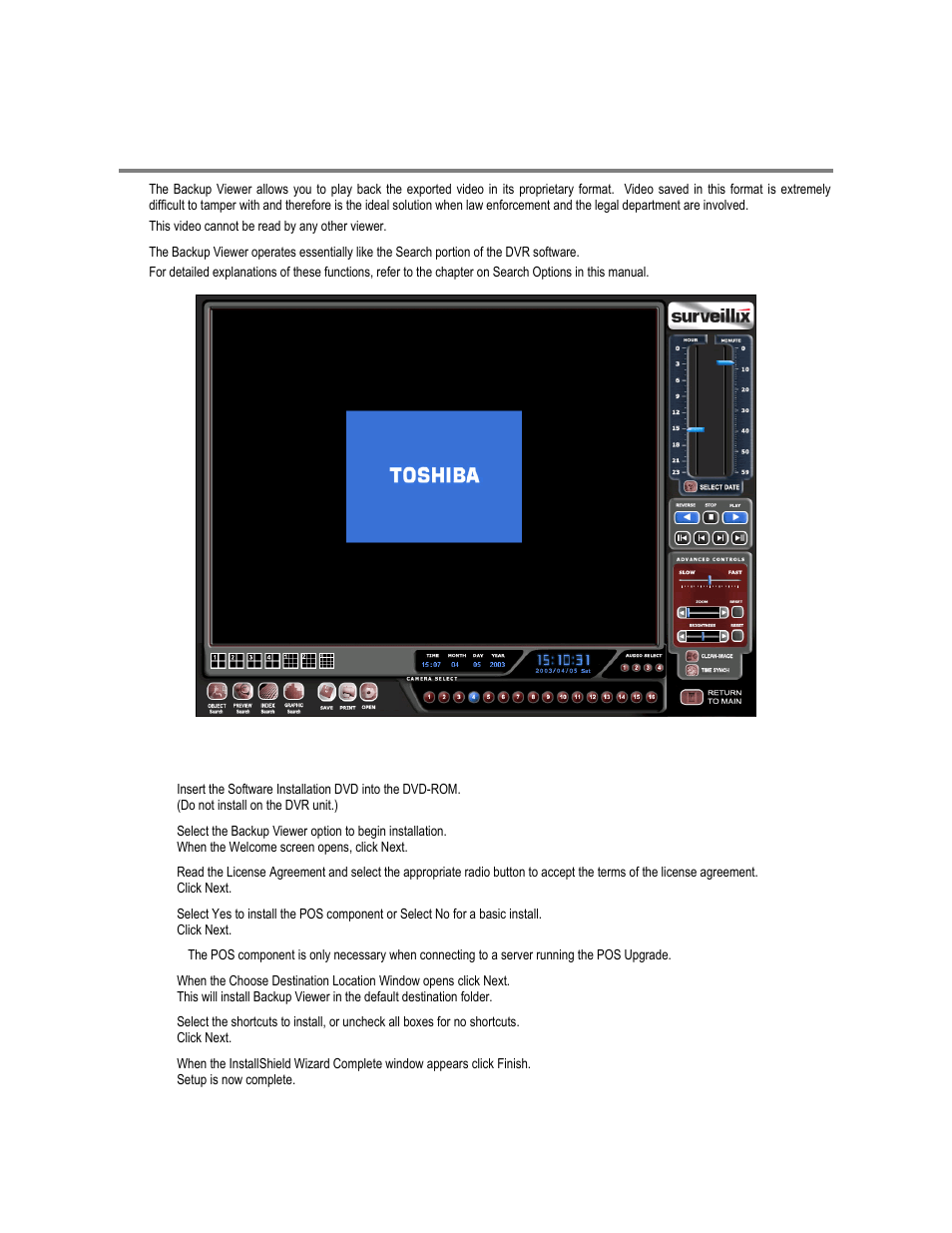 Backup viewer overview, Installing backup viewer | Toshiba XVR16-60-X User Manual | Page 126 / 131