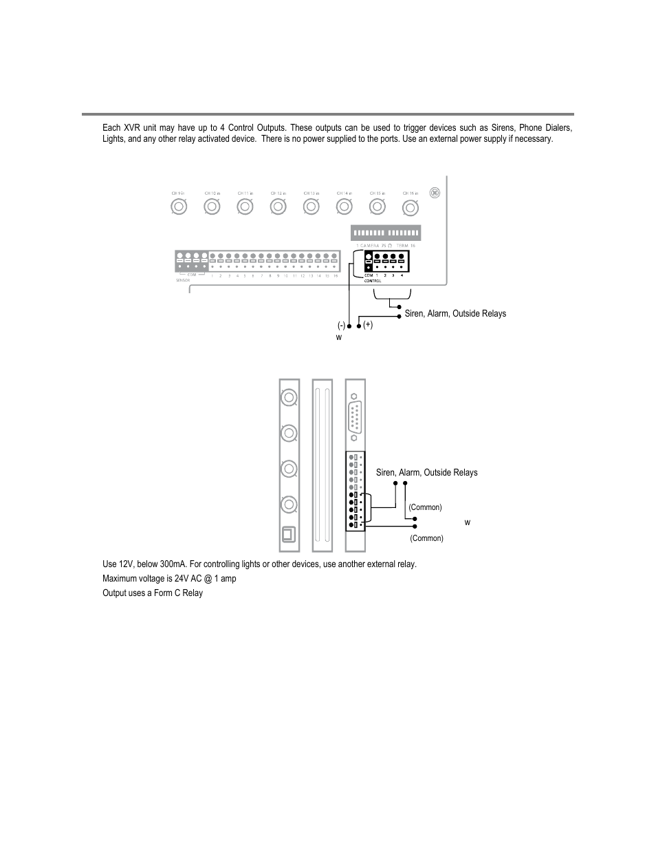 Connecting control outputs to the xvr, 16 channel, 4 channel | Toshiba XVR16-60-X User Manual | Page 34 / 131