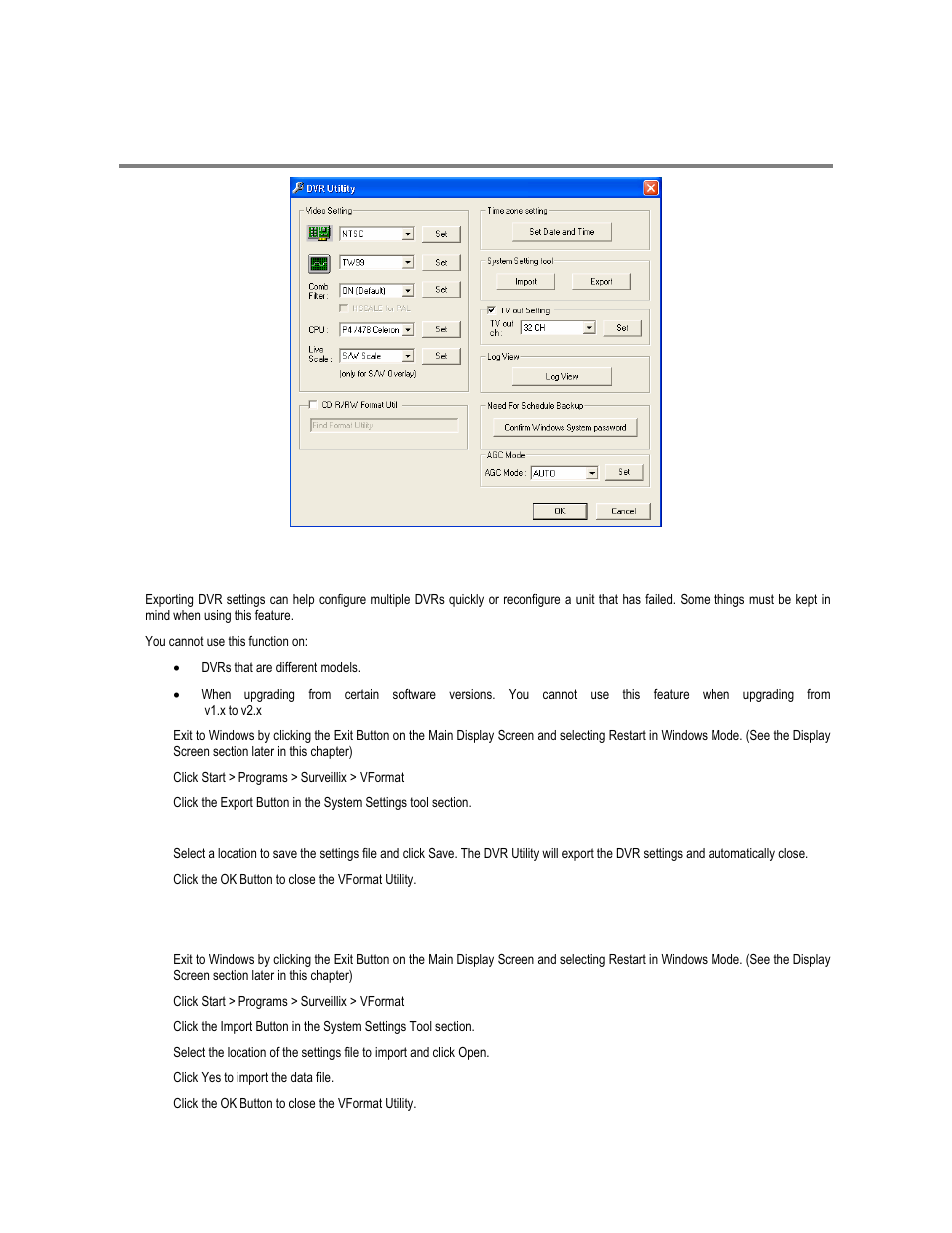 Using the dvr utility, Importing dvr settings, Exporting dvr settings | Toshiba XVR16-60-X User Manual | Page 43 / 131