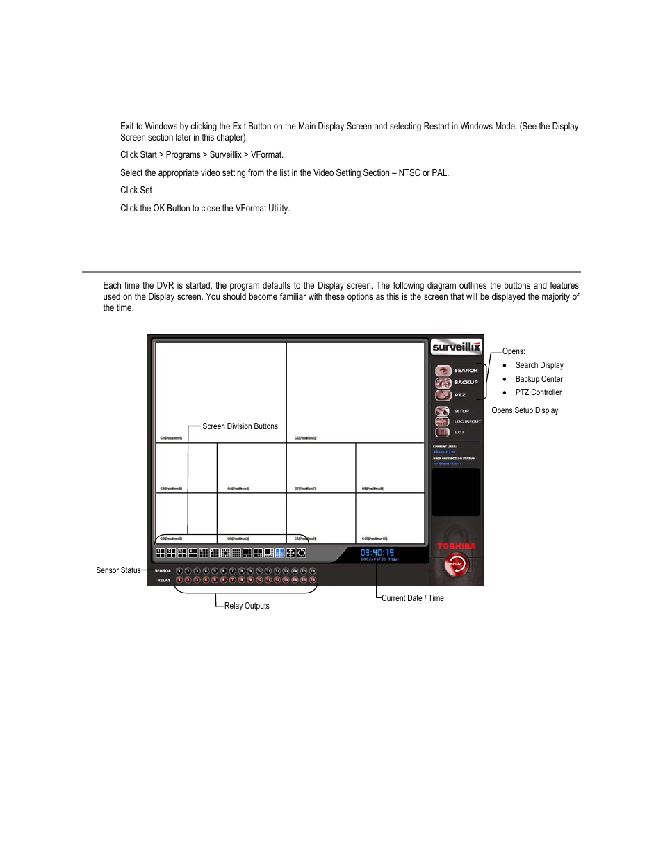 Display screen, Changing video format | Toshiba XVR16-60-X User Manual | Page 44 / 131