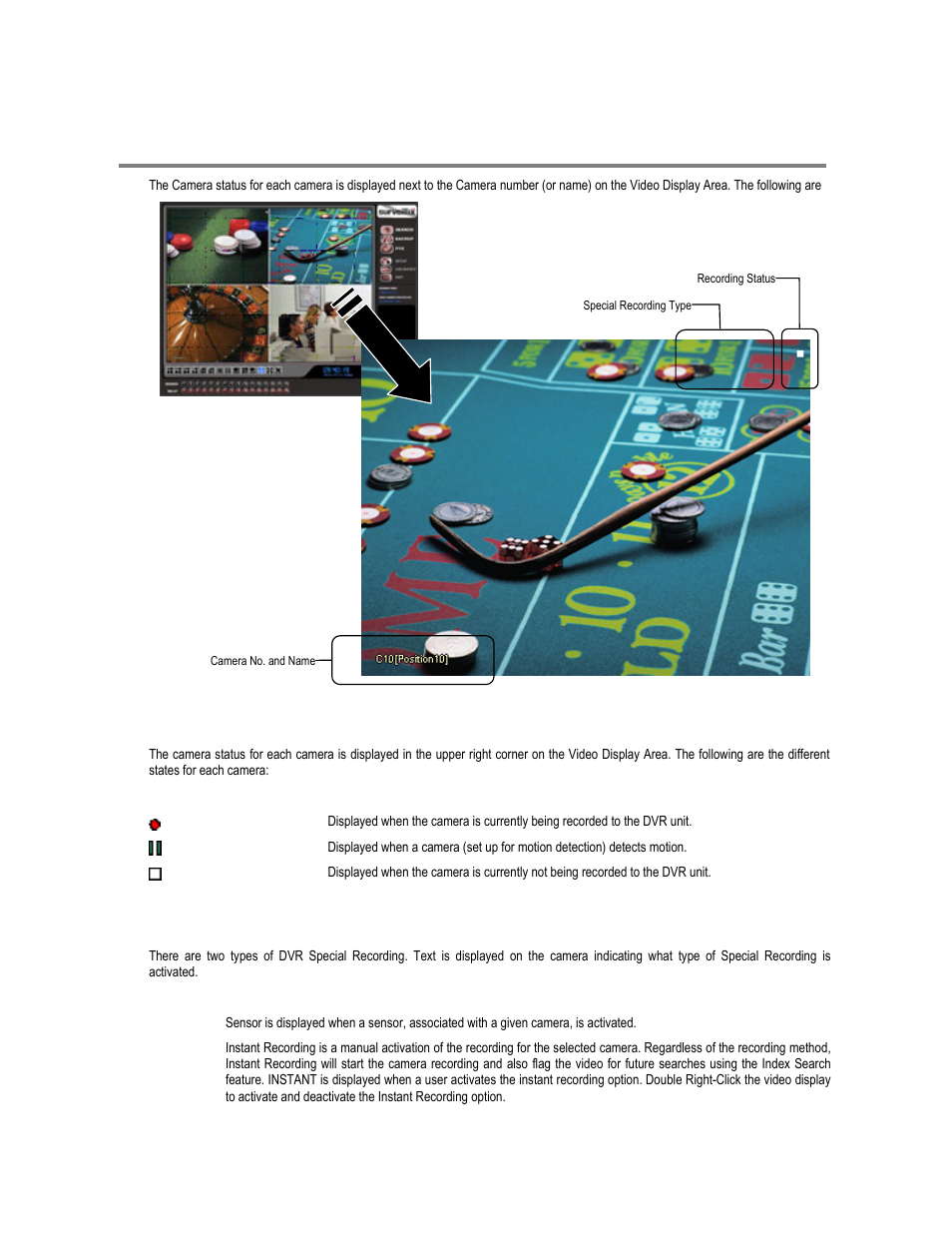 Camera view, Recording status indicator, Special recording | Toshiba XVR16-60-X User Manual | Page 45 / 131