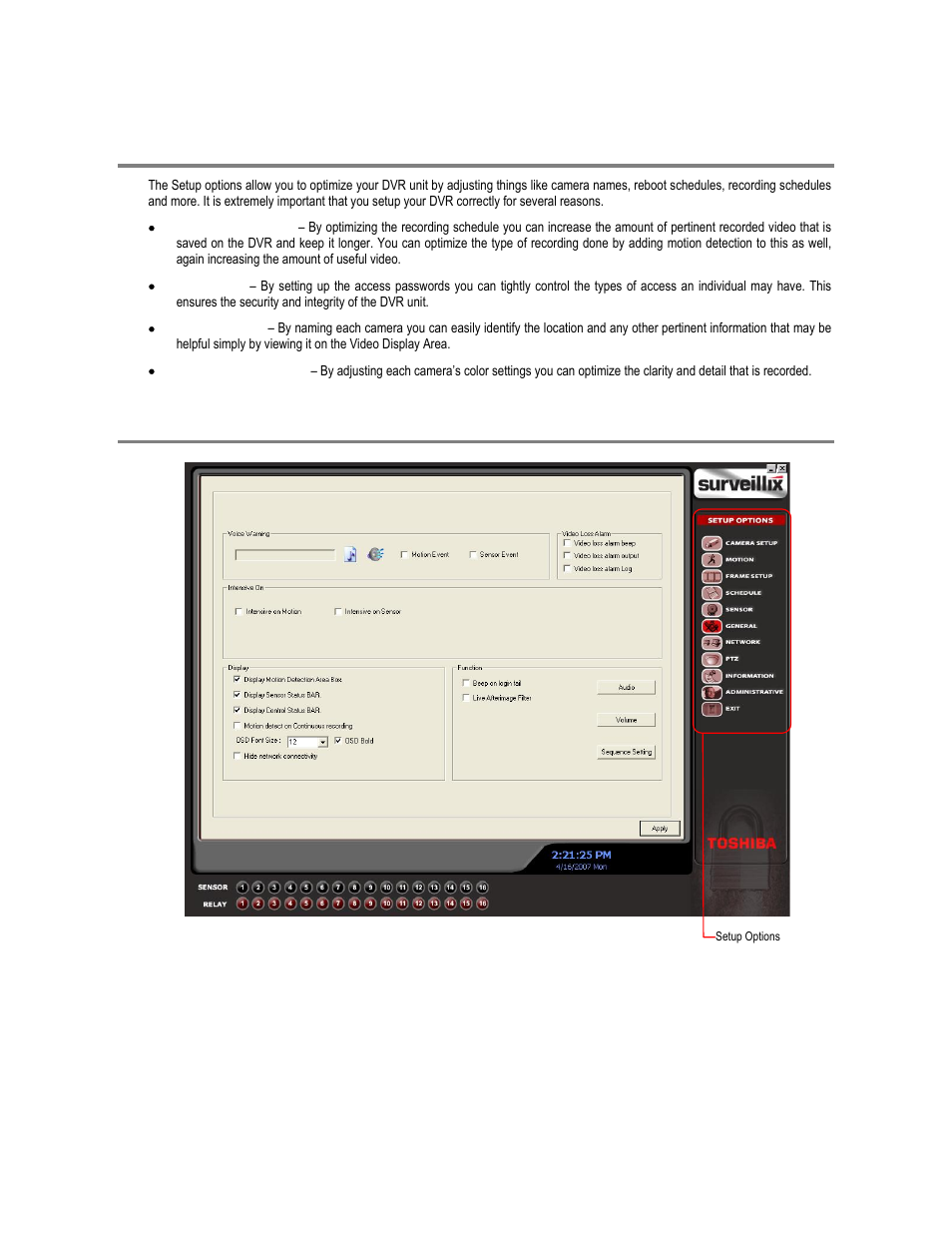 Setup overview, Setup screen overview | Toshiba XVR16-60-X User Manual | Page 50 / 131