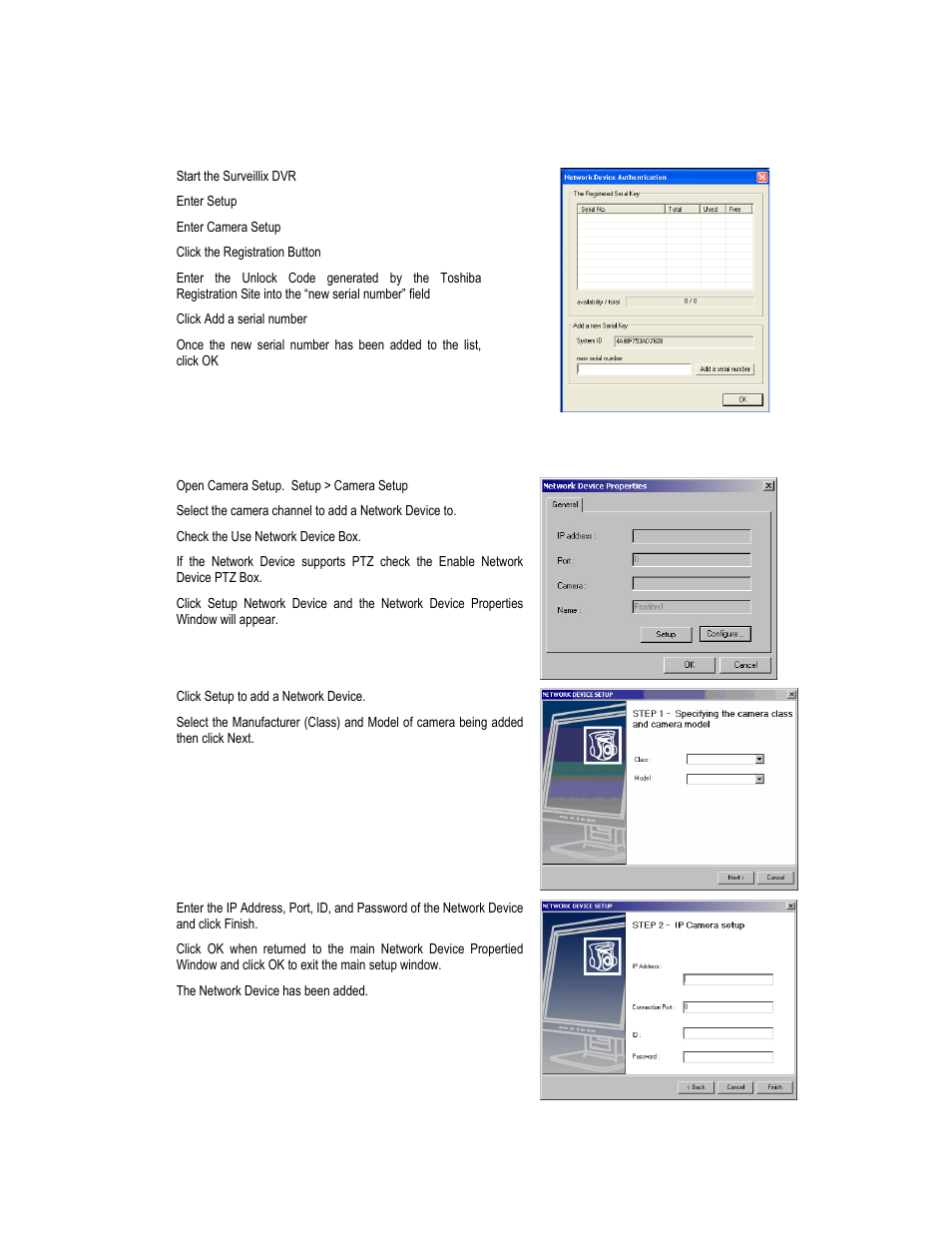 Unlocking a new network camera, Connecting a network camera | Toshiba XVR16-60-X User Manual | Page 54 / 131
