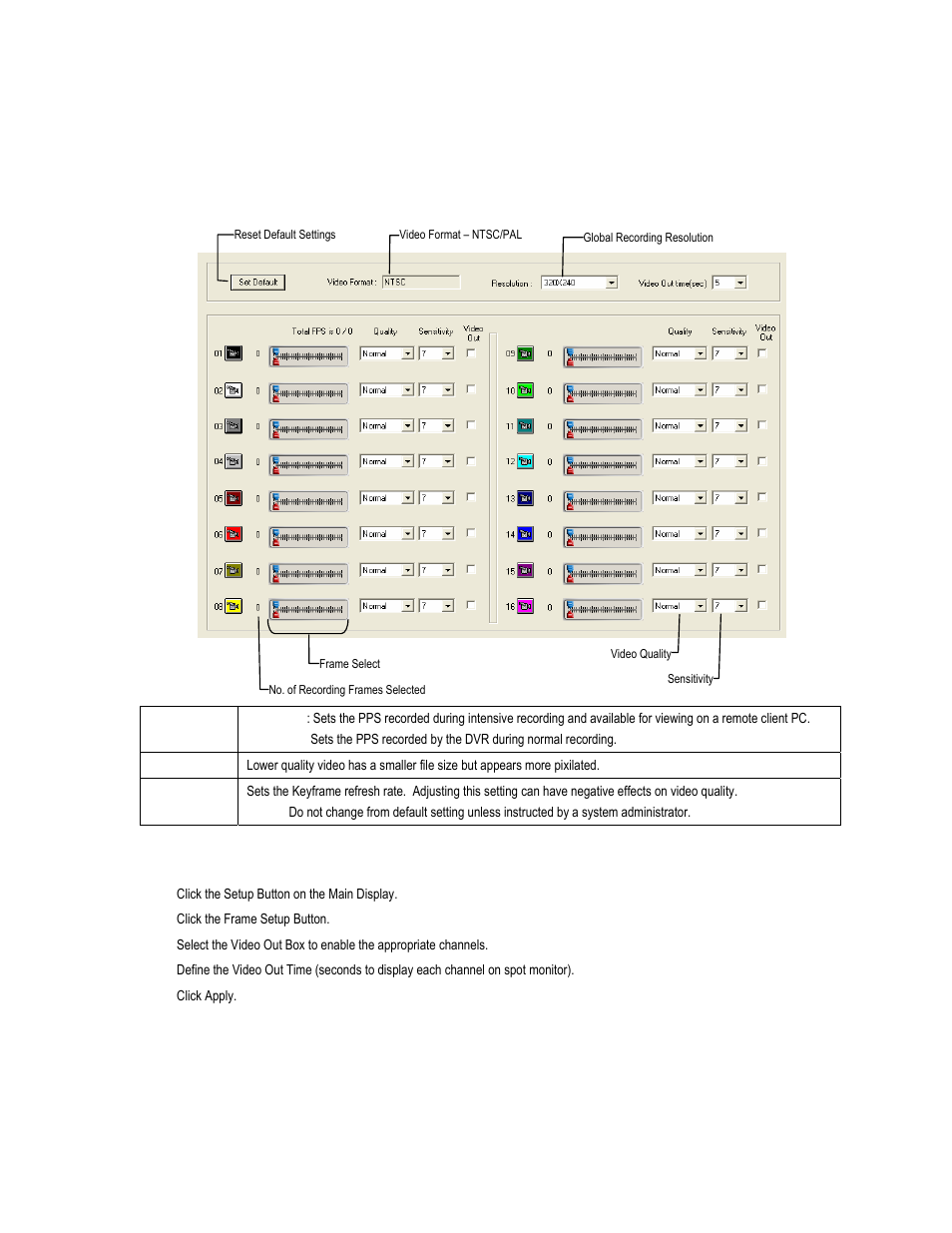 Frame setup (16 channel), Enable video out to spot monitor | Toshiba XVR16-60-X User Manual | Page 58 / 131
