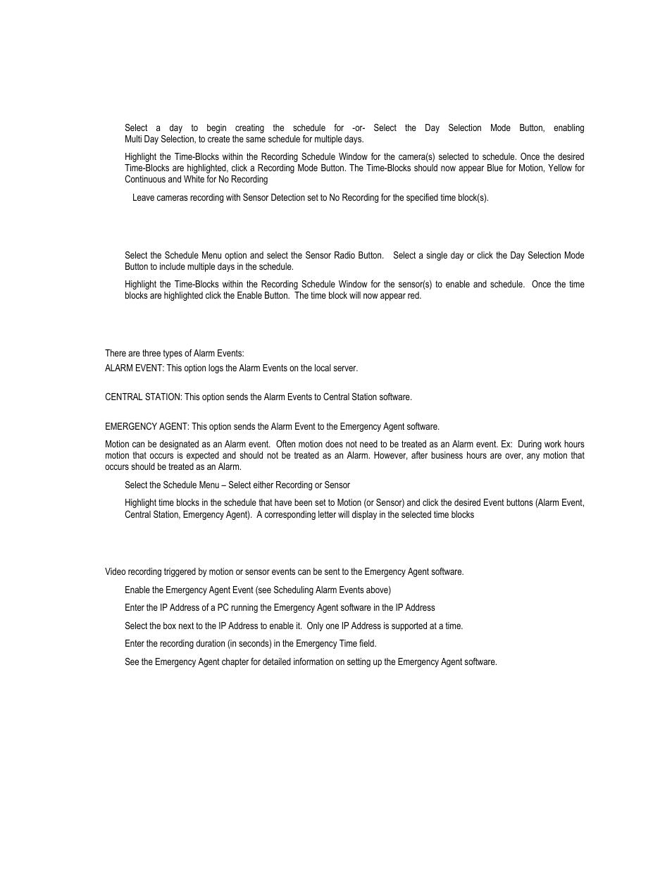 Create a recording schedule, Create a sensor schedule, Scheduling alarm events | Emergency agent schedule | Toshiba XVR16-60-X User Manual | Page 62 / 131