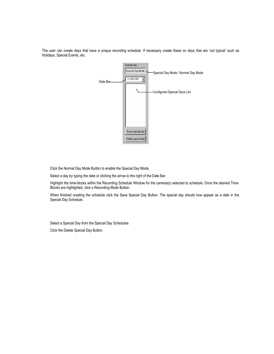 Special day schedule, Creating/editing a ‘special day’ schedule, Deleting a ‘special day’ schedule | Toshiba XVR16-60-X User Manual | Page 63 / 131