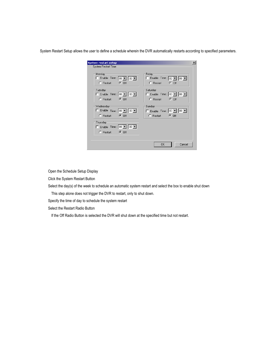 System restart setup, Create system restart schedule | Toshiba XVR16-60-X User Manual | Page 64 / 131