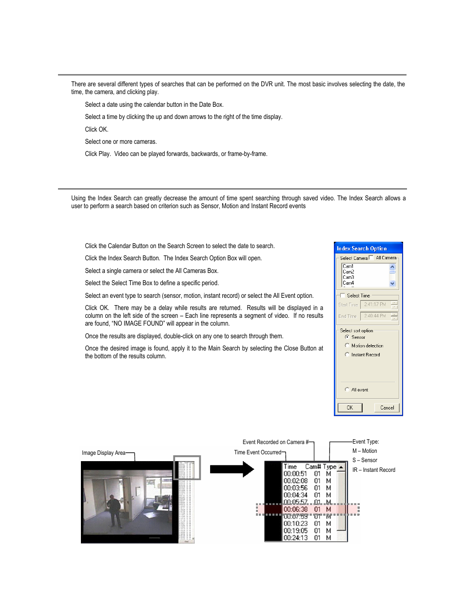 Performing a basic search, Index search, Performing an index search | Index search results display | Toshiba XVR16-60-X User Manual | Page 84 / 131