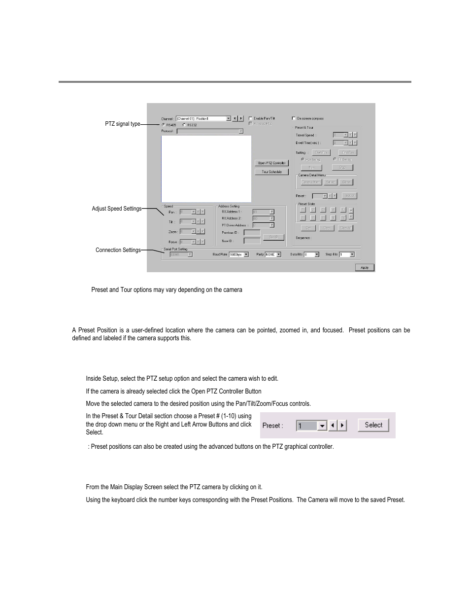 Advanced ptz setup, Creating and viewing preset positions, Creating a preset | Viewing a preset | Toshiba XVR16-60-X User Manual | Page 93 / 131