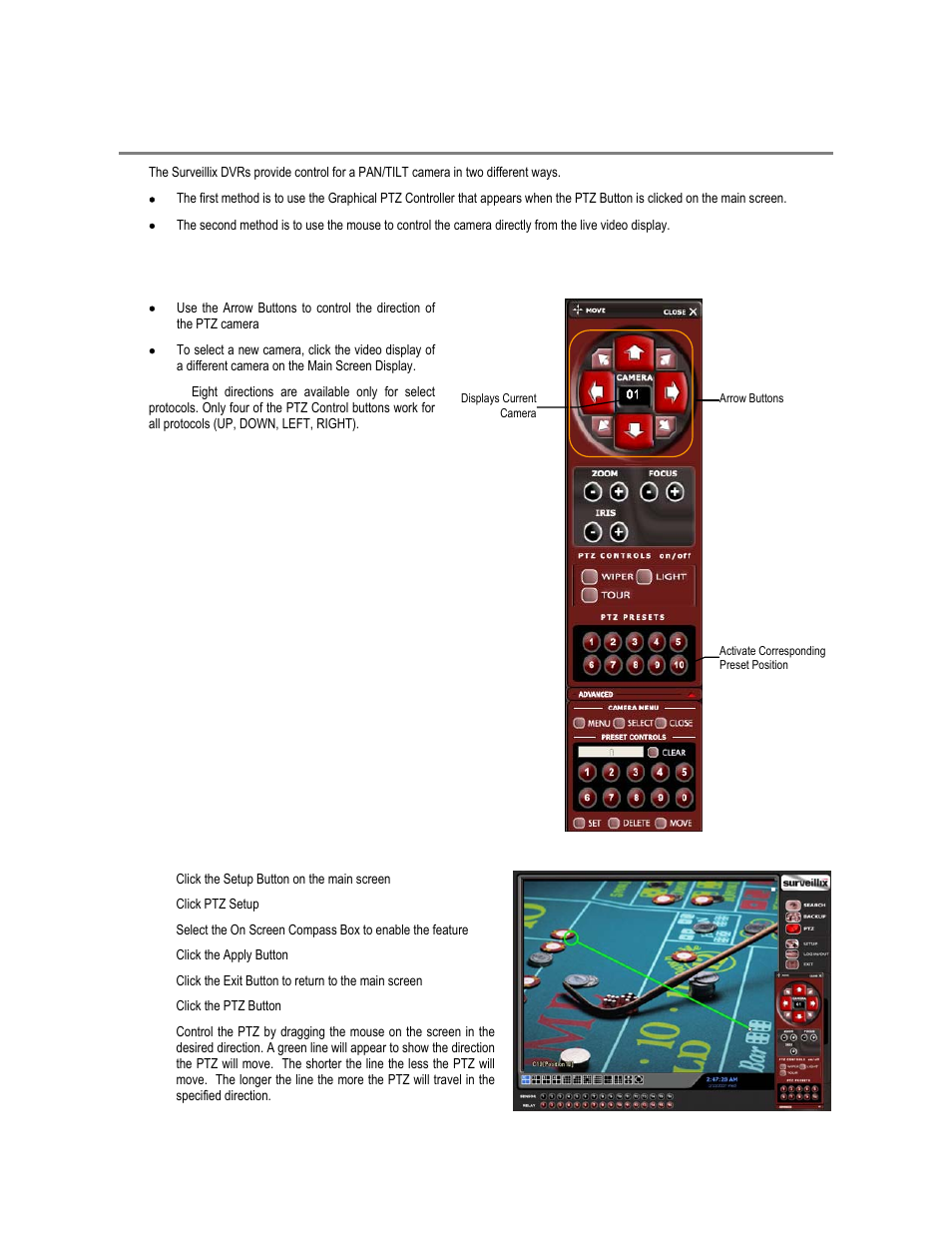 Controlling a ptz camera, Using the graphical ptz controller, Using the on-screen compass | Toshiba XVR16-60-X User Manual | Page 95 / 131