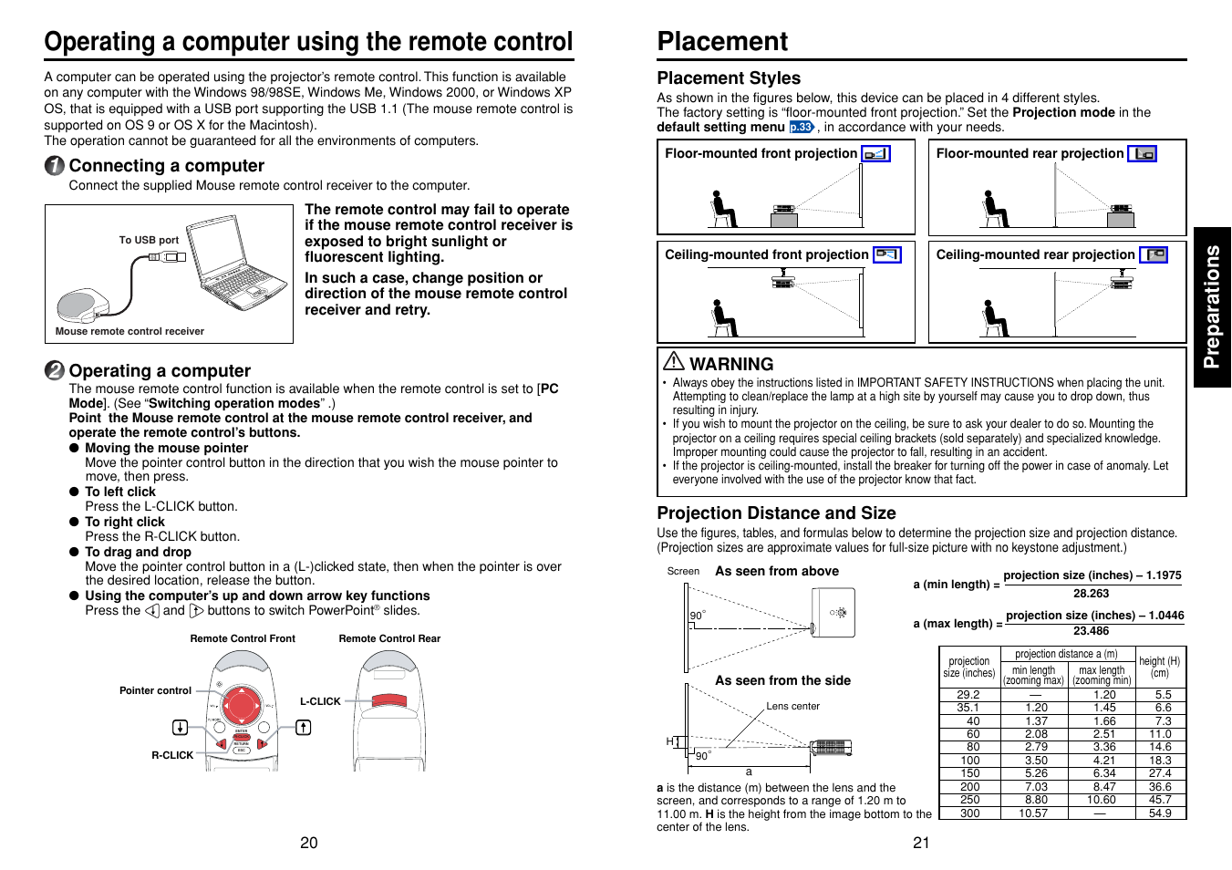 Operating a computer using the remote control, Placement, P.20 | Preparations, Projection distance and size, Placement styles, Warning, Connecting a computer, Operating a computer | Toshiba TDP-T30 User Manual | Page 11 / 23