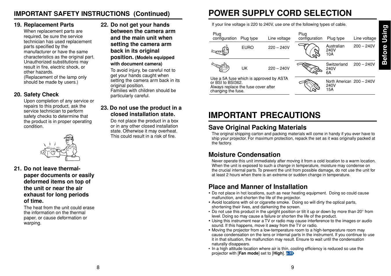 Power supply cord selection, Important precautions, Before using | Save original packing materials, Moisture condensation, Place and manner of installation, Important safety instructions (continued) | Toshiba TDP-T30 User Manual | Page 5 / 23