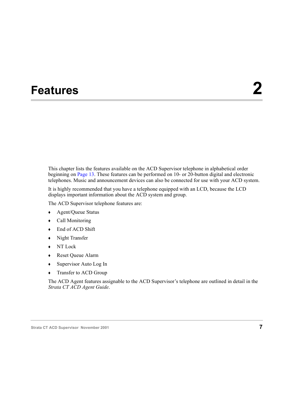 Features 2, Chapter 2, Features | Chapter 2 – features | Toshiba Strata CT Digital Business Telephone Solutions User Manual | Page 15 / 41