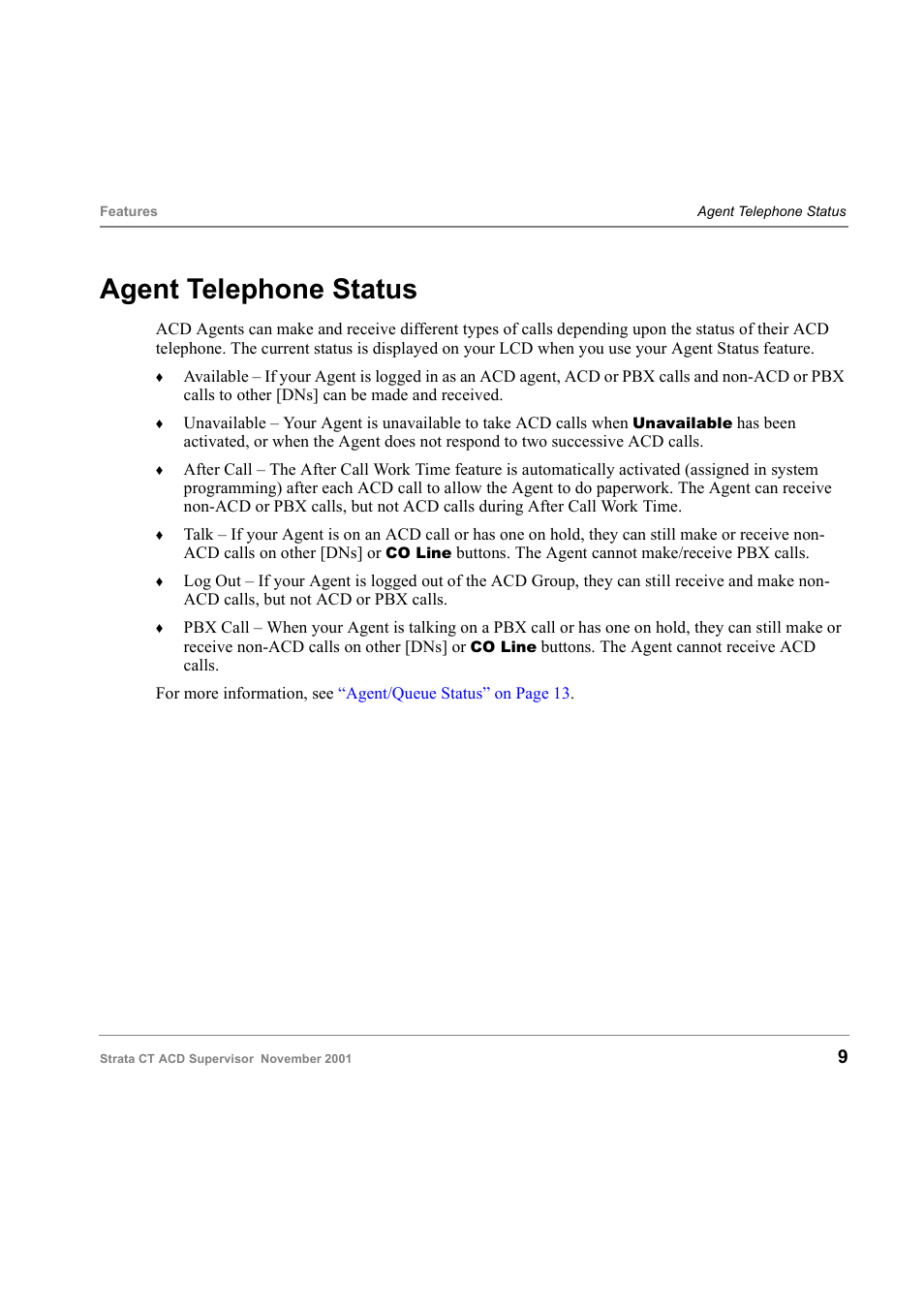 Agent telephone status | Toshiba Strata CT Digital Business Telephone Solutions User Manual | Page 17 / 41