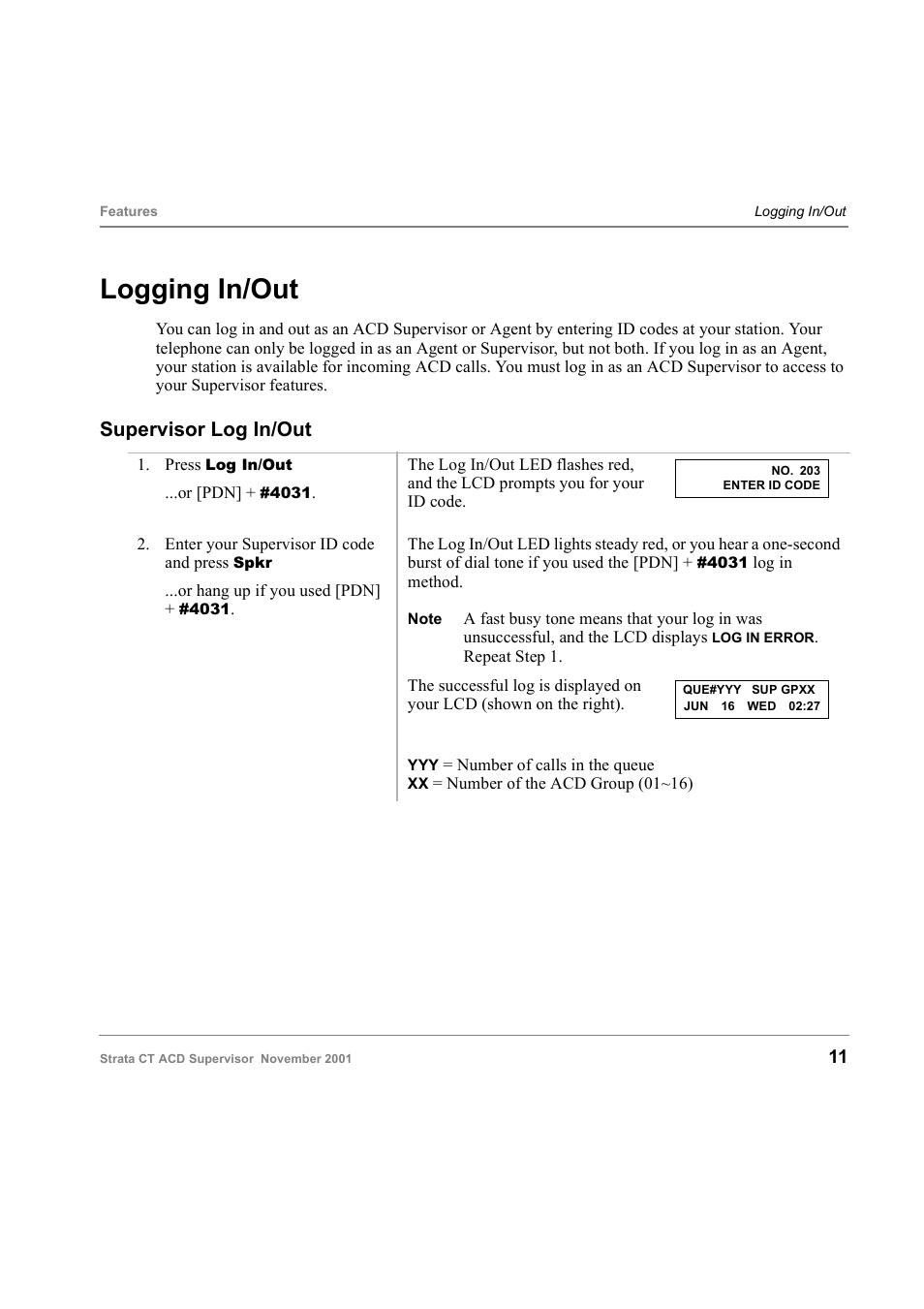 Logging in/out, Supervisor log in/out | Toshiba Strata CT Digital Business Telephone Solutions User Manual | Page 19 / 41