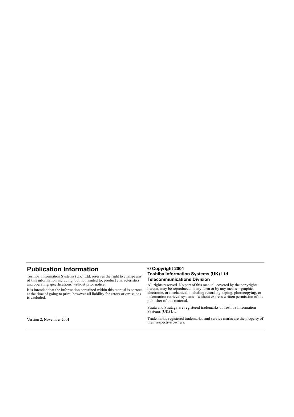 Publication information | Toshiba Strata CT Digital Business Telephone Solutions User Manual | Page 2 / 41