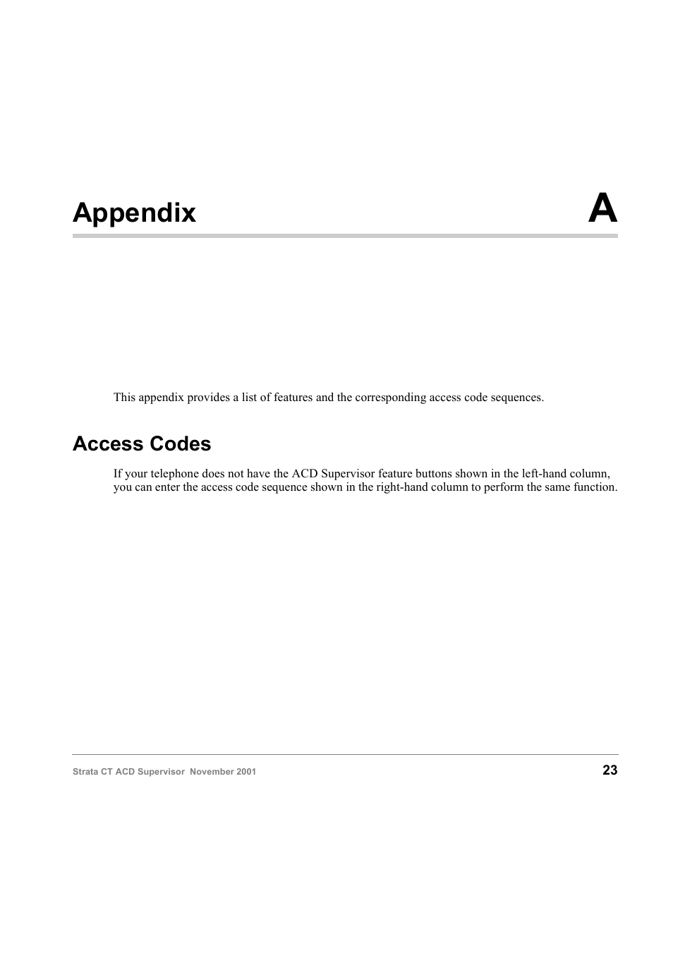 Appendix a, Access codes, Appendix | Toshiba Strata CT Digital Business Telephone Solutions User Manual | Page 31 / 41