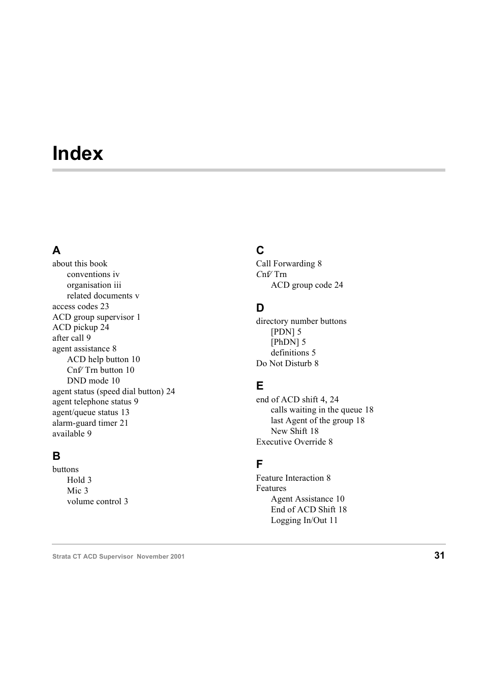 Index | Toshiba Strata CT Digital Business Telephone Solutions User Manual | Page 39 / 41