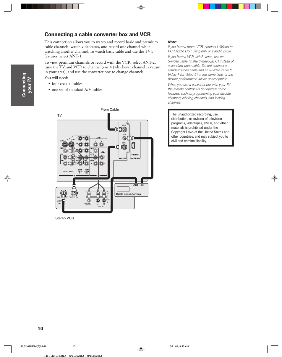Connecting a cable converter box and vcr | Toshiba CT-90159 User Manual | Page 10 / 68