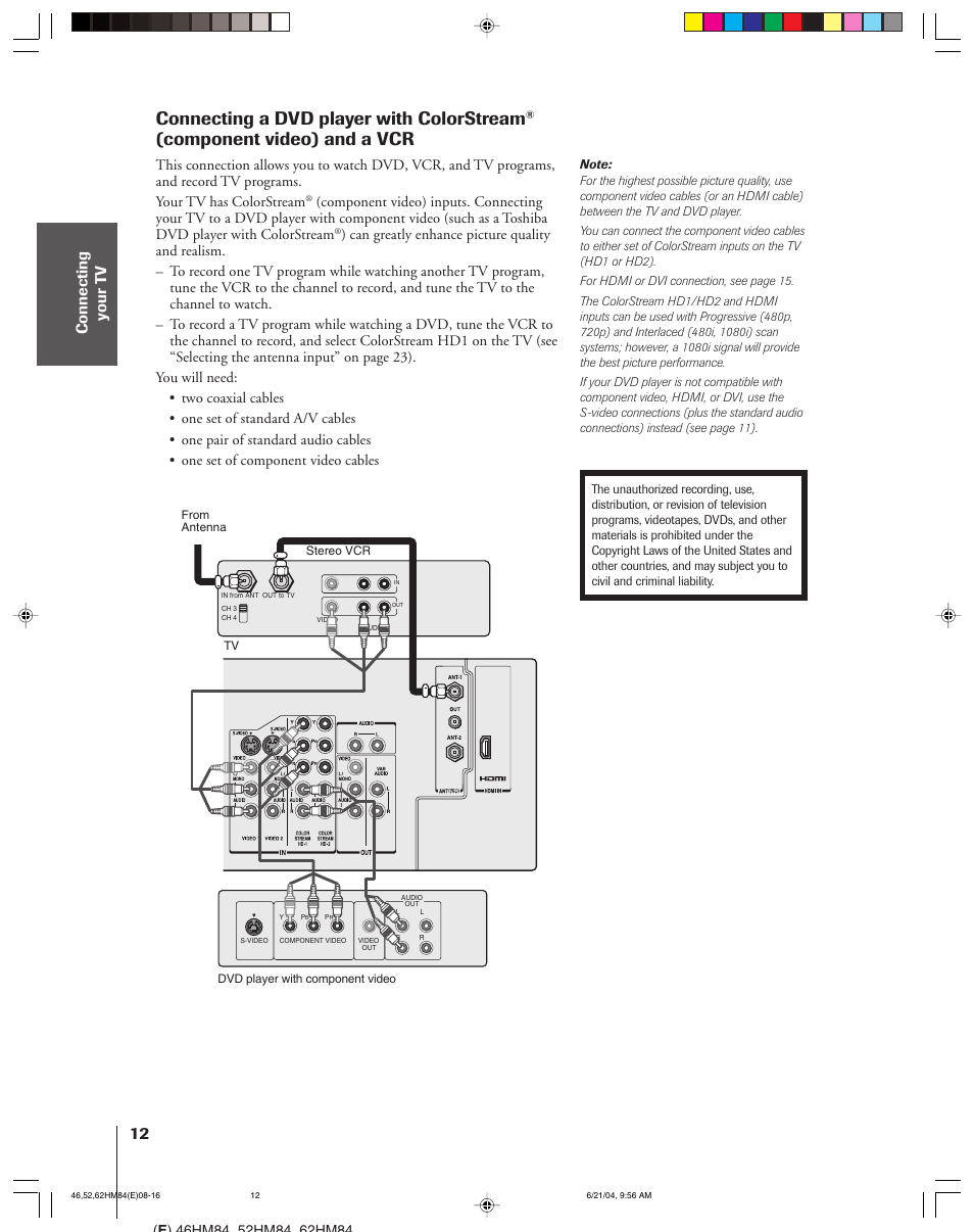 Connecting a dvd player with colorstream, Component video) and a vcr | Toshiba CT-90159 User Manual | Page 12 / 68