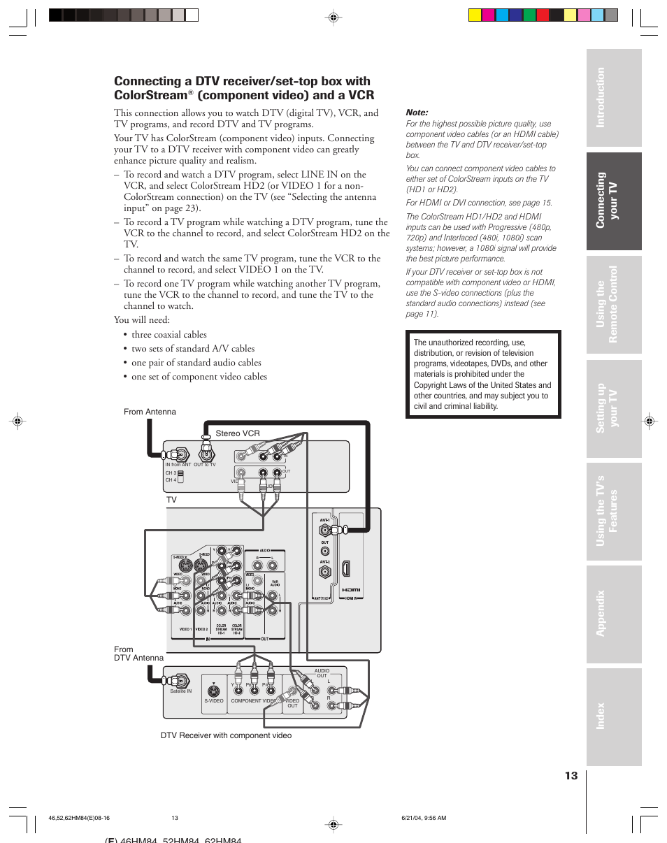 Component video) and a vcr | Toshiba CT-90159 User Manual | Page 13 / 68