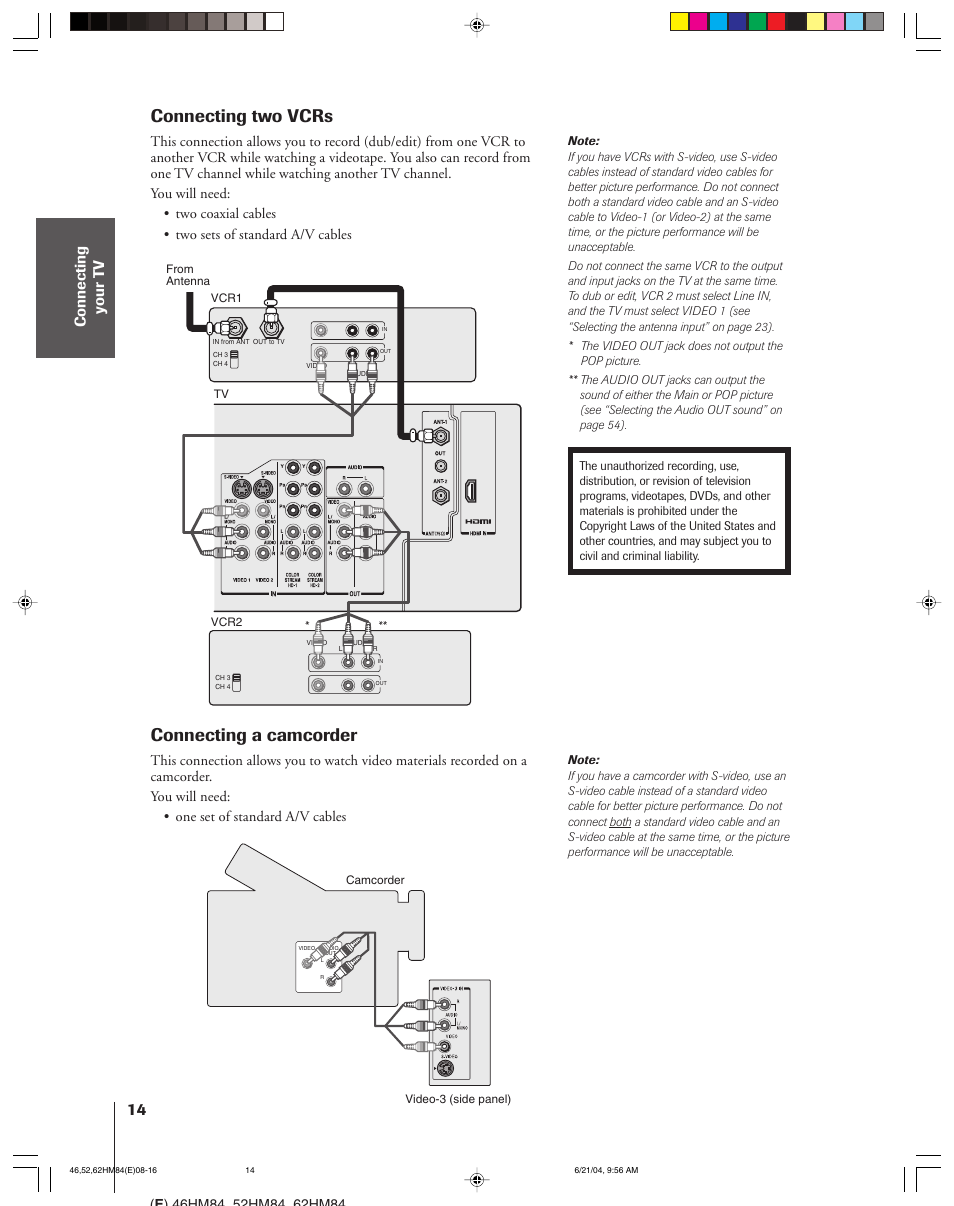 Connecting two vcrs, Connecting a camcorder | Toshiba CT-90159 User Manual | Page 14 / 68