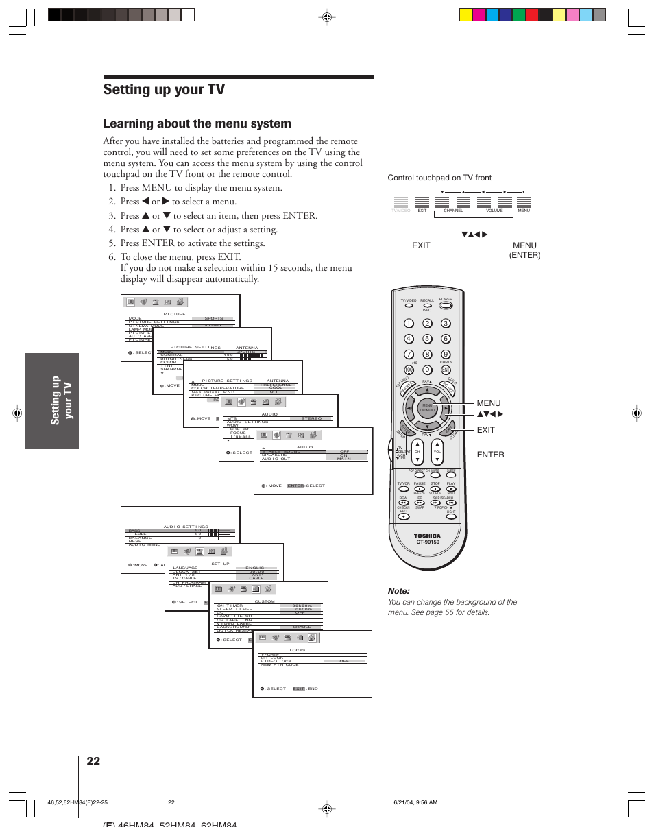 Setting up your tv, Learning about the menu system | Toshiba CT-90159 User Manual | Page 22 / 68