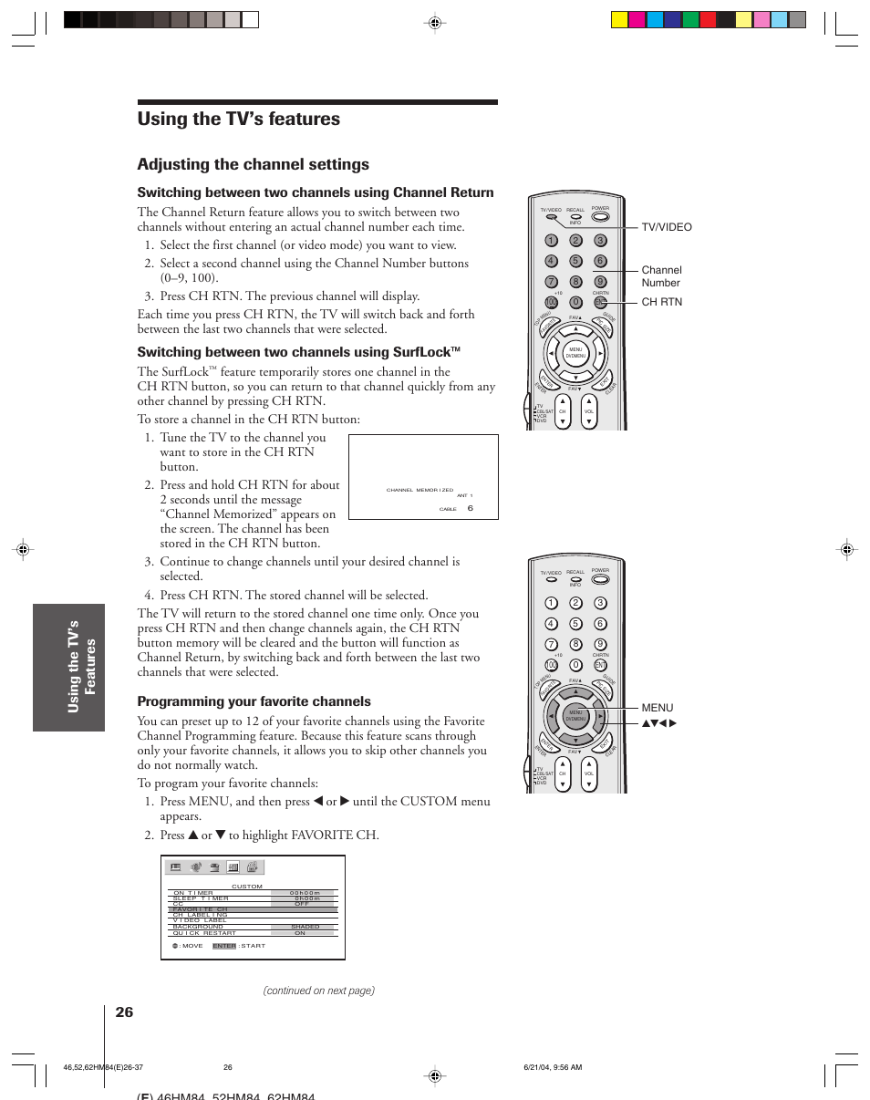 Using the tv’s features, Adjusting the channel settings, Switching between two channels using surflock | Programming your favorite channels, The surflock, Continued on next page) | Toshiba CT-90159 User Manual | Page 26 / 68