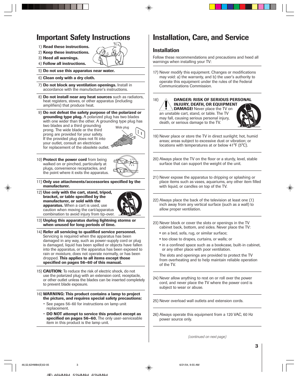 Installation, care, and service, Important safety instructions, Installation | Toshiba CT-90159 User Manual | Page 3 / 68