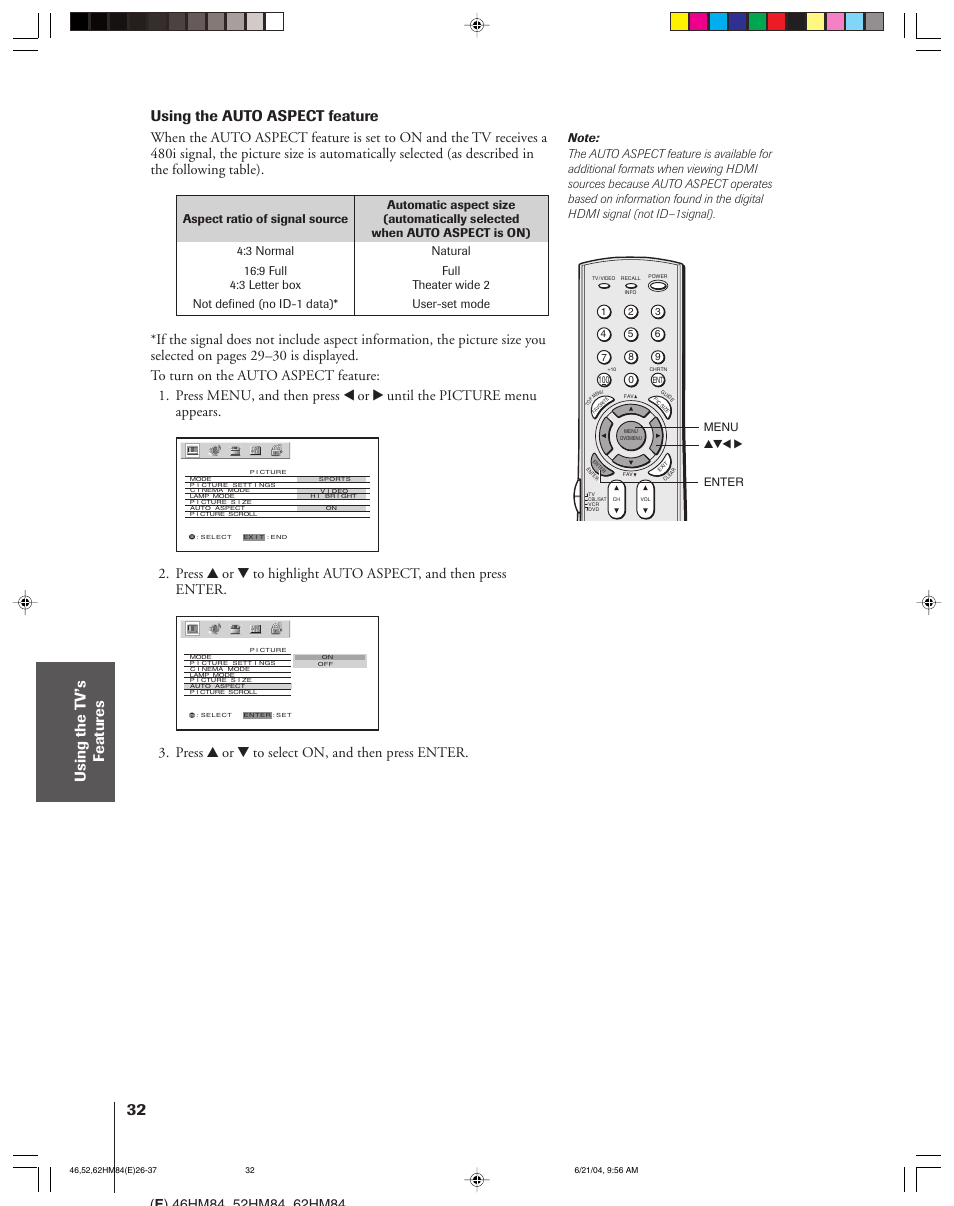 Using the auto aspect feature, Press y or z to select on, and then press enter | Toshiba CT-90159 User Manual | Page 32 / 68