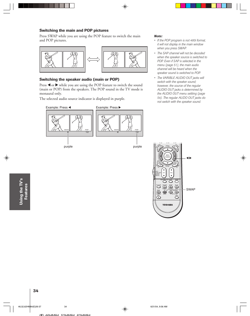 Switching the main and pop pictures, Switching the speaker audio (main or pop) | Toshiba CT-90159 User Manual | Page 34 / 68