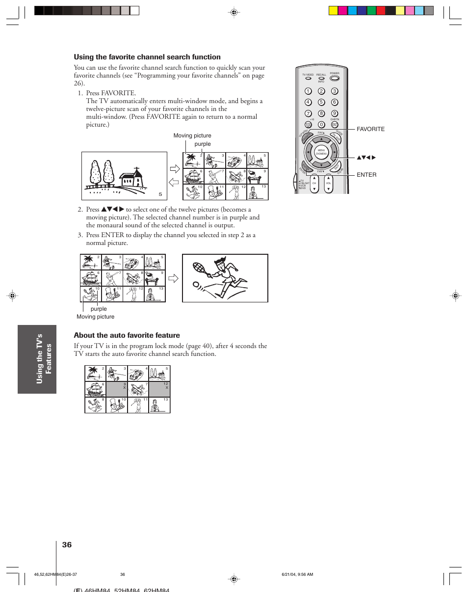 Using the favorite channel search function, About the auto favorite feature | Toshiba CT-90159 User Manual | Page 36 / 68