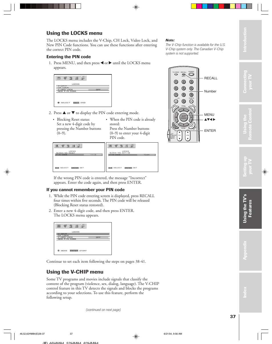 Using the locks menu, Using the v-chip menu, Entering the pin code | If you cannot remember your pin code, Press y or z to display the pin code entering mode | Toshiba CT-90159 User Manual | Page 37 / 68