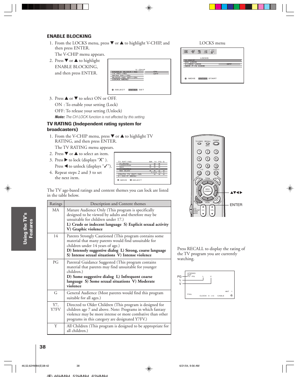 Enable blocking, Locks menu | Toshiba CT-90159 User Manual | Page 38 / 68