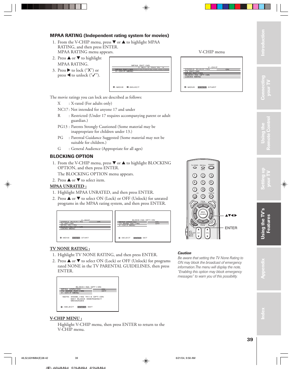 Mpaa rating (independent rating system for movies), Blocking option | Toshiba CT-90159 User Manual | Page 39 / 68