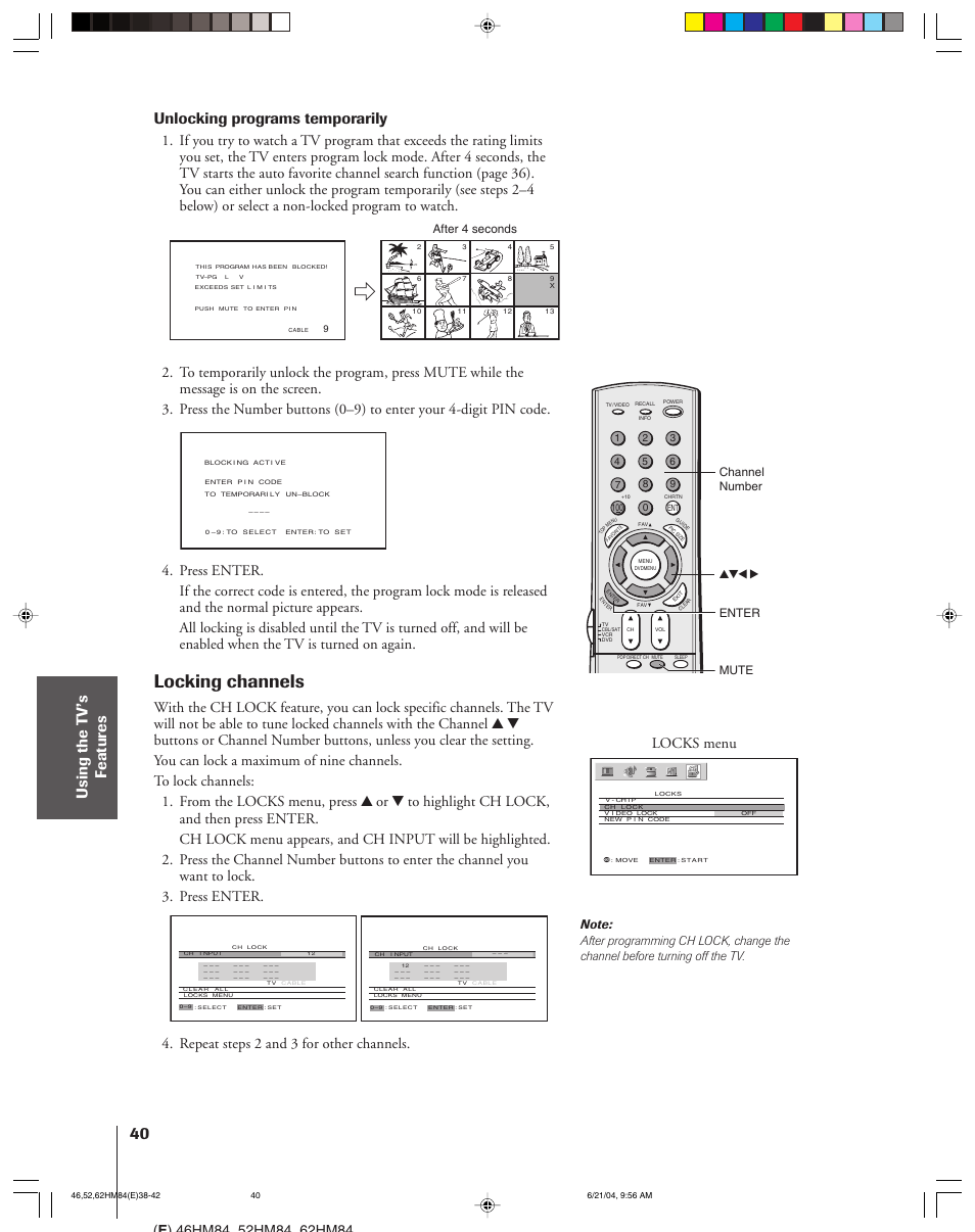 Locking channels, Unlocking programs temporarily, Repeat steps 2 and 3 for other channels | Locks menu | Toshiba CT-90159 User Manual | Page 40 / 68