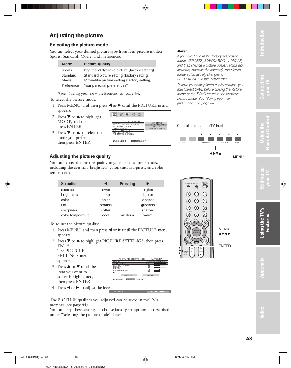 Adjusting the picture, Selecting the picture mode, Adjusting the picture quality | Toshiba CT-90159 User Manual | Page 43 / 68