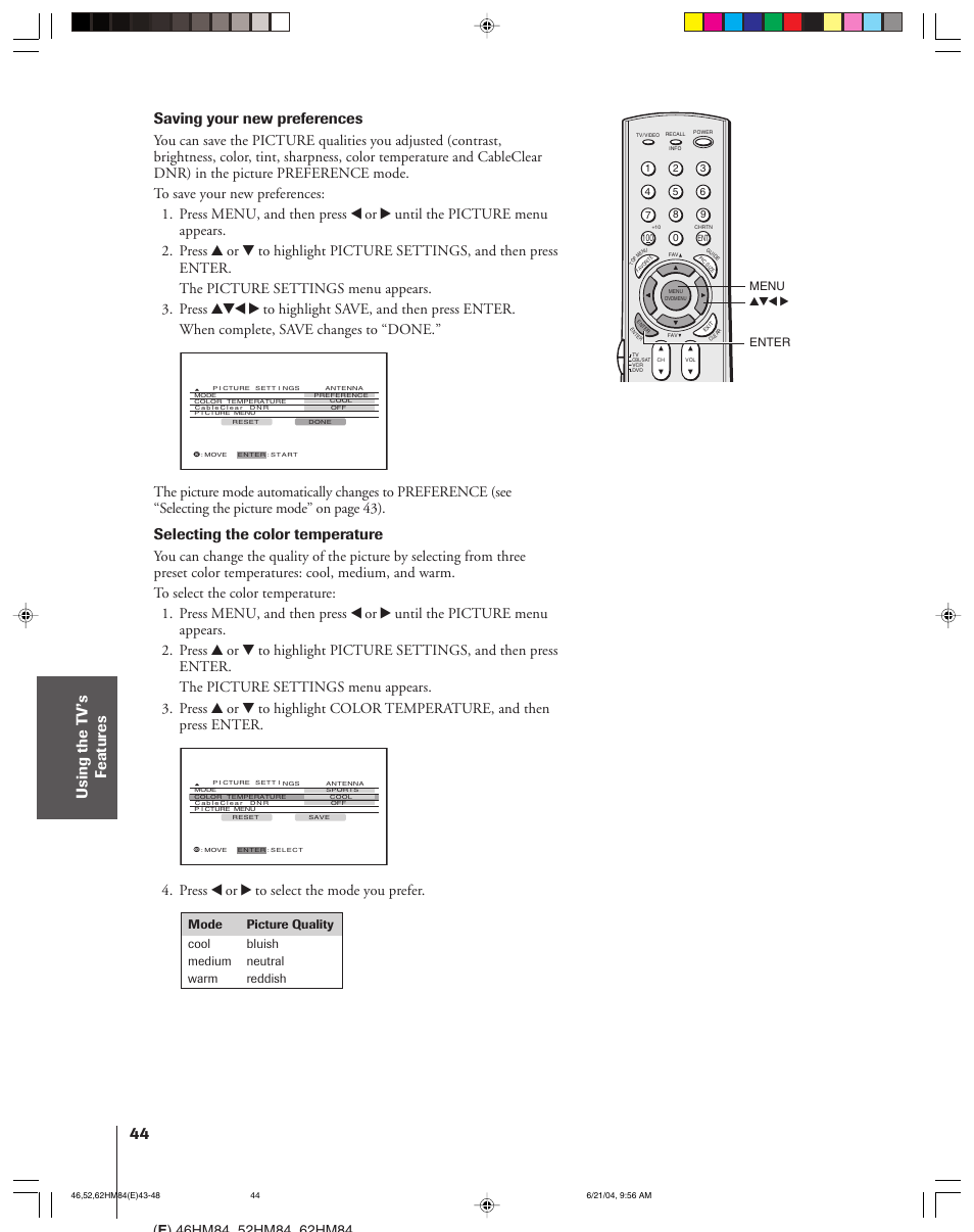 Saving your new preferences, Selecting the color temperature, Press x or • to select the mode you prefer | Toshiba CT-90159 User Manual | Page 44 / 68