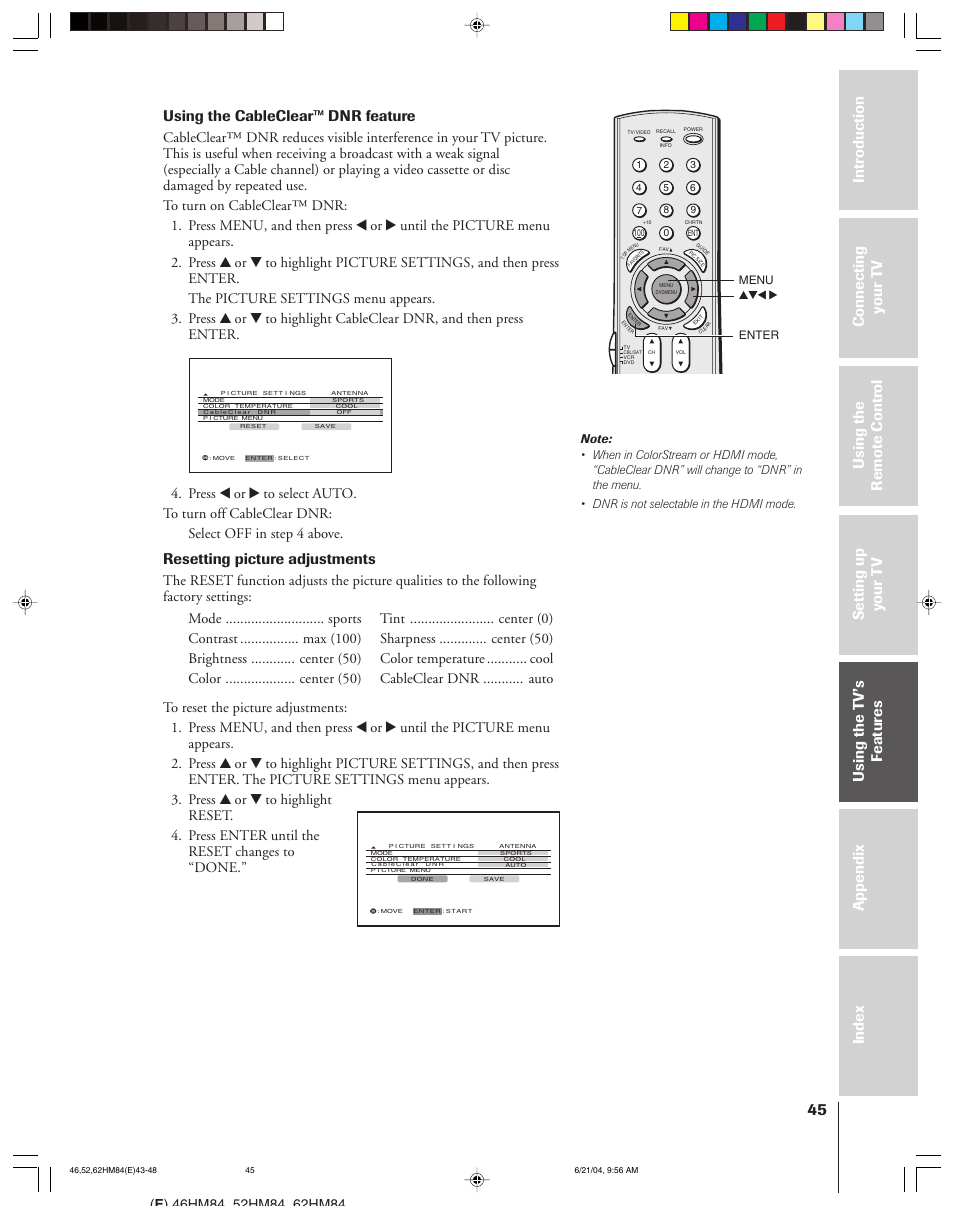Using the cableclear™ dnr feature, Resetting picture adjustments | Toshiba CT-90159 User Manual | Page 45 / 68